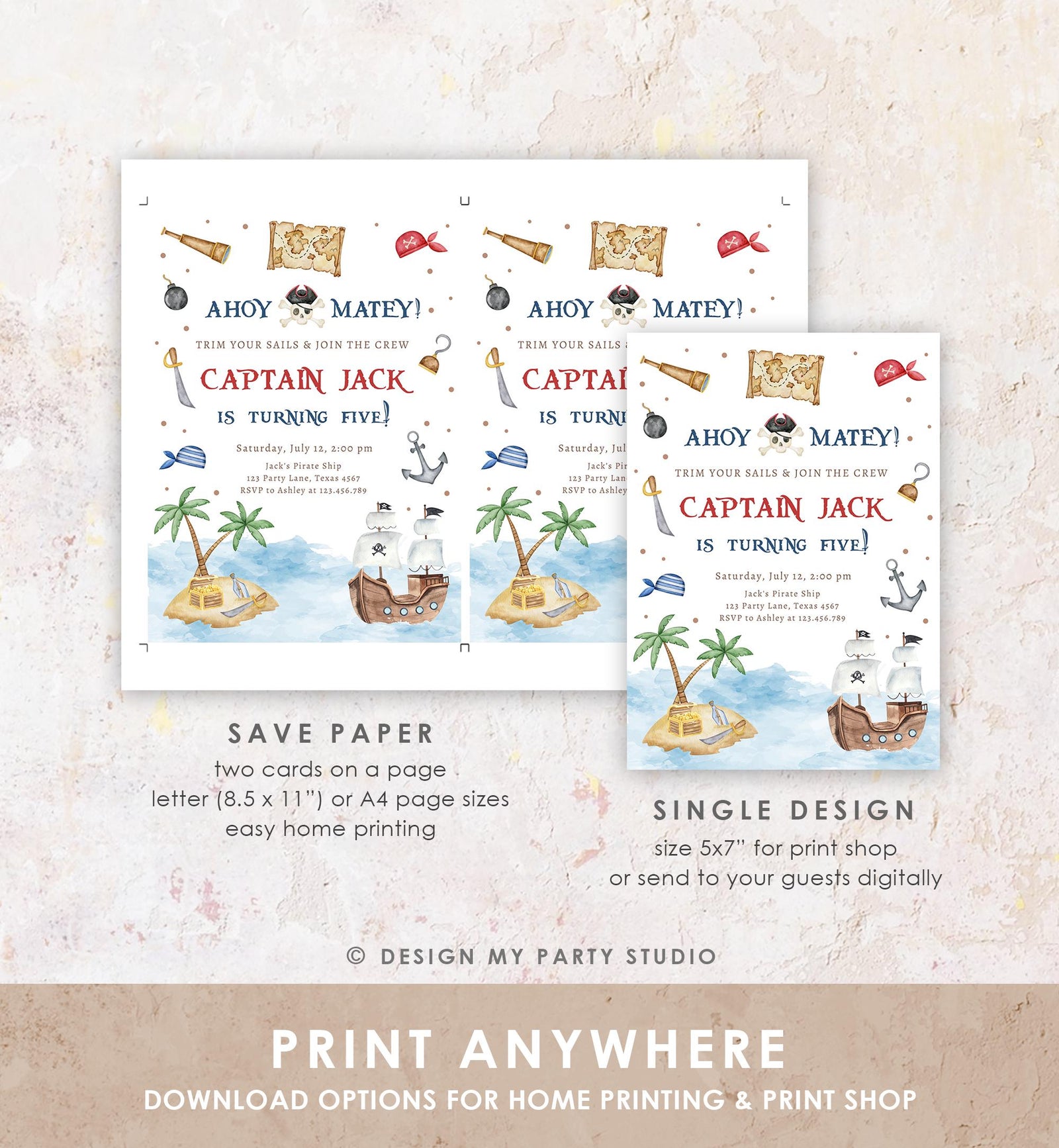 Editable Ahoy Matey Pirate Birthday Invitation Pirates Party Nautical Adventure Ship Treasure Island Digital Evite Template Printable 0531