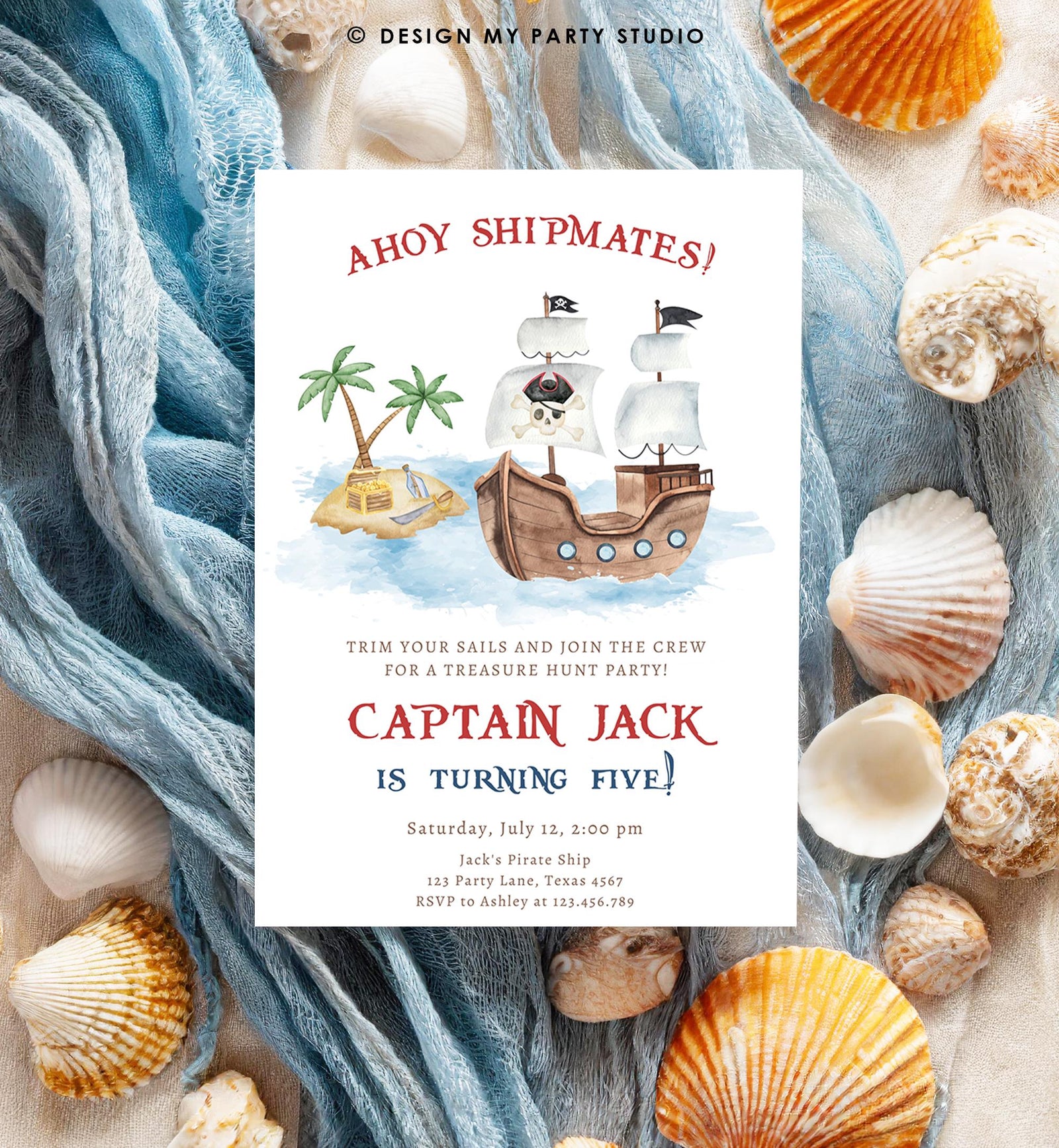 Editable Ahoy Shipmates Pirate Birthday Invitation Pirates Party Nautical Adventure Ship Treasure Map Digital Evite Template Printable 0531