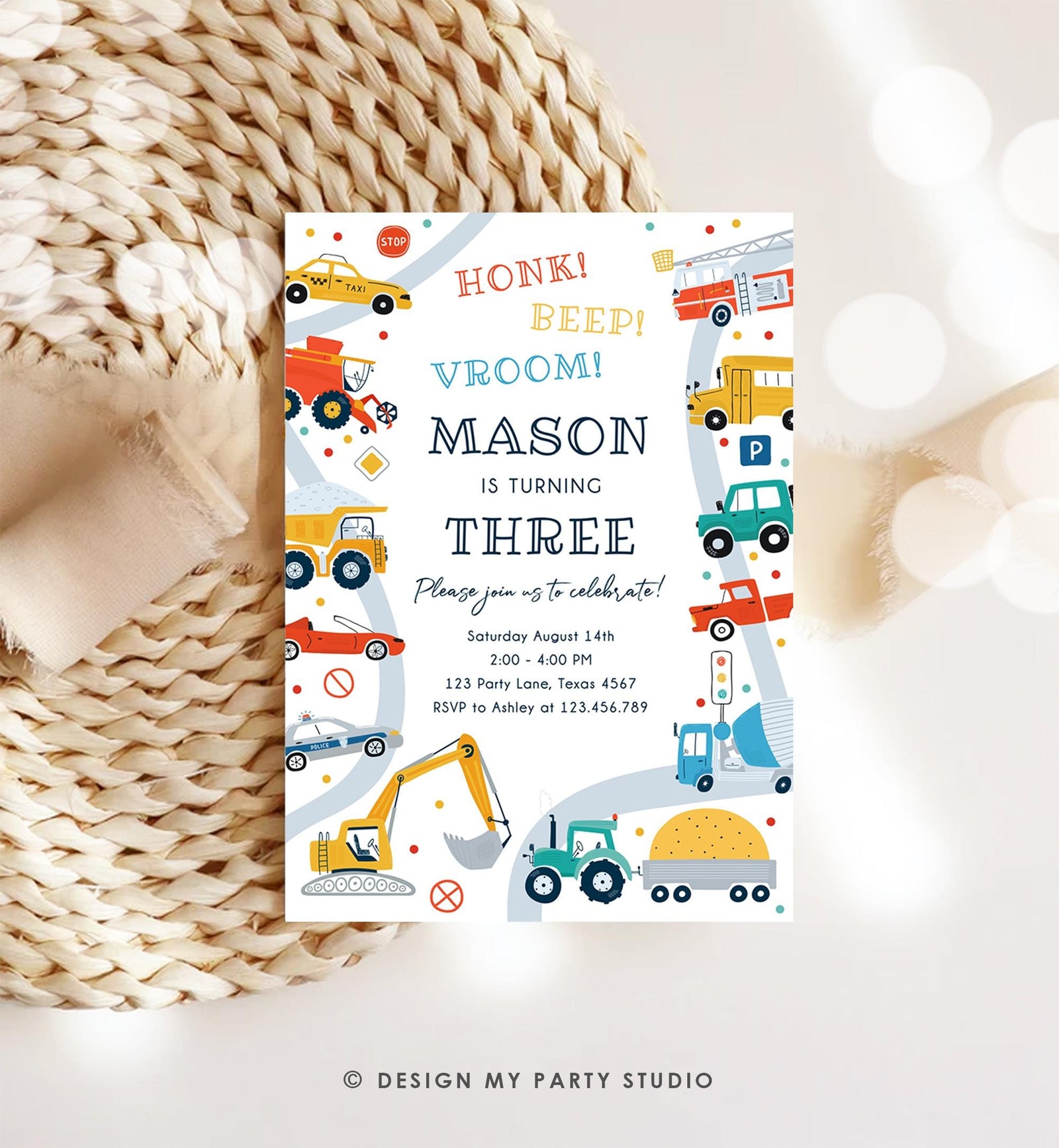 Editable Transportation Birthday Invitation Honk Beep Vroom Truck Cars Transport Boy Modern Digital Download Evite Template Printable 0533