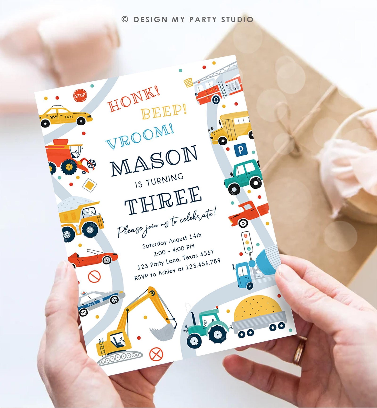 Editable Transportation Birthday Invitation Honk Beep Vroom Truck Cars Transport Boy Modern Digital Download Evite Template Printable 0533