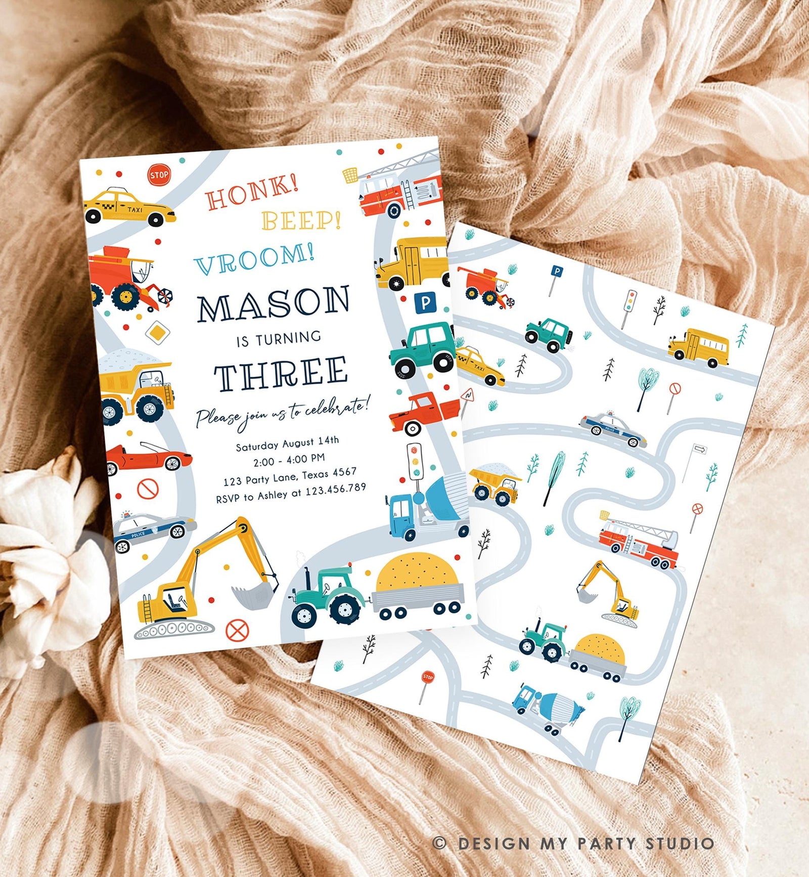 Editable Transportation Birthday Invitation Honk Beep Vroom Truck Cars Transport Boy Modern Digital Download Evite Template Printable 0533