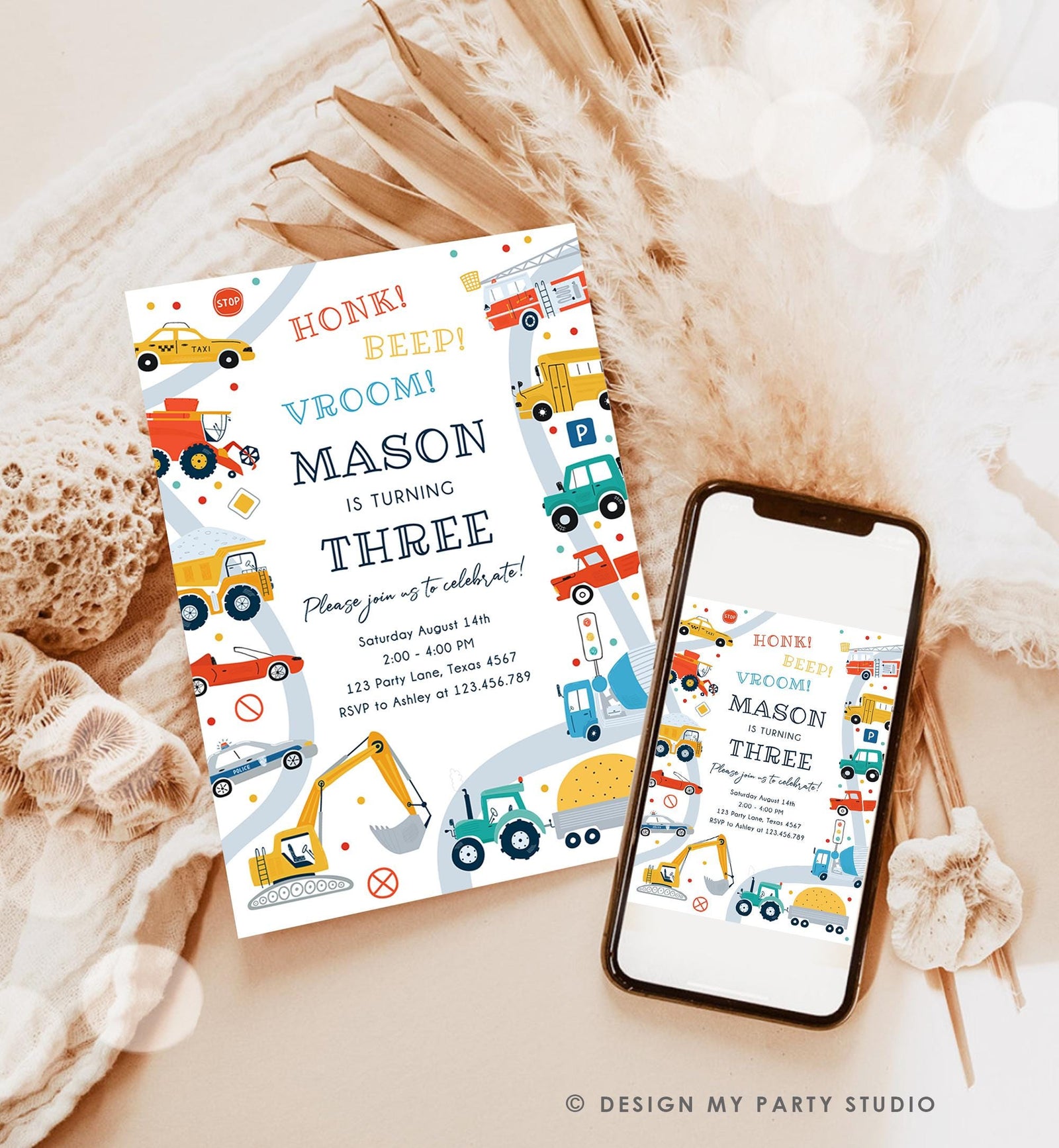 Editable Transportation Birthday Invitation Honk Beep Vroom Truck Cars Transport Boy Modern Digital Download Evite Template Printable 0533