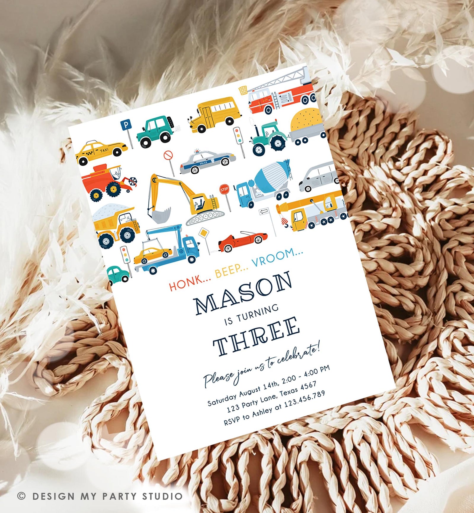 Editable Transportation Birthday Invitation Honk Beep Vroom Truck Cars Transport Boy Modern Digital Download Evite Template Printable 0533