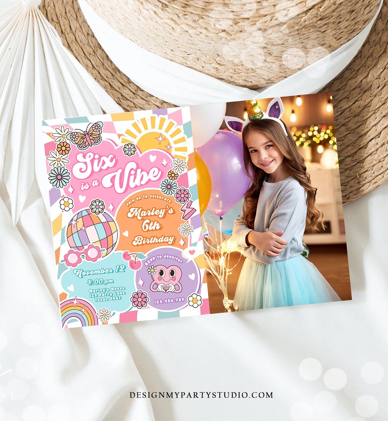 Editable Six is a Vibe Groovy 6th Birthday Party Invitation Groovy Hippie Peace Preppy Varsity Disco Digital Evite Template Printable 0524