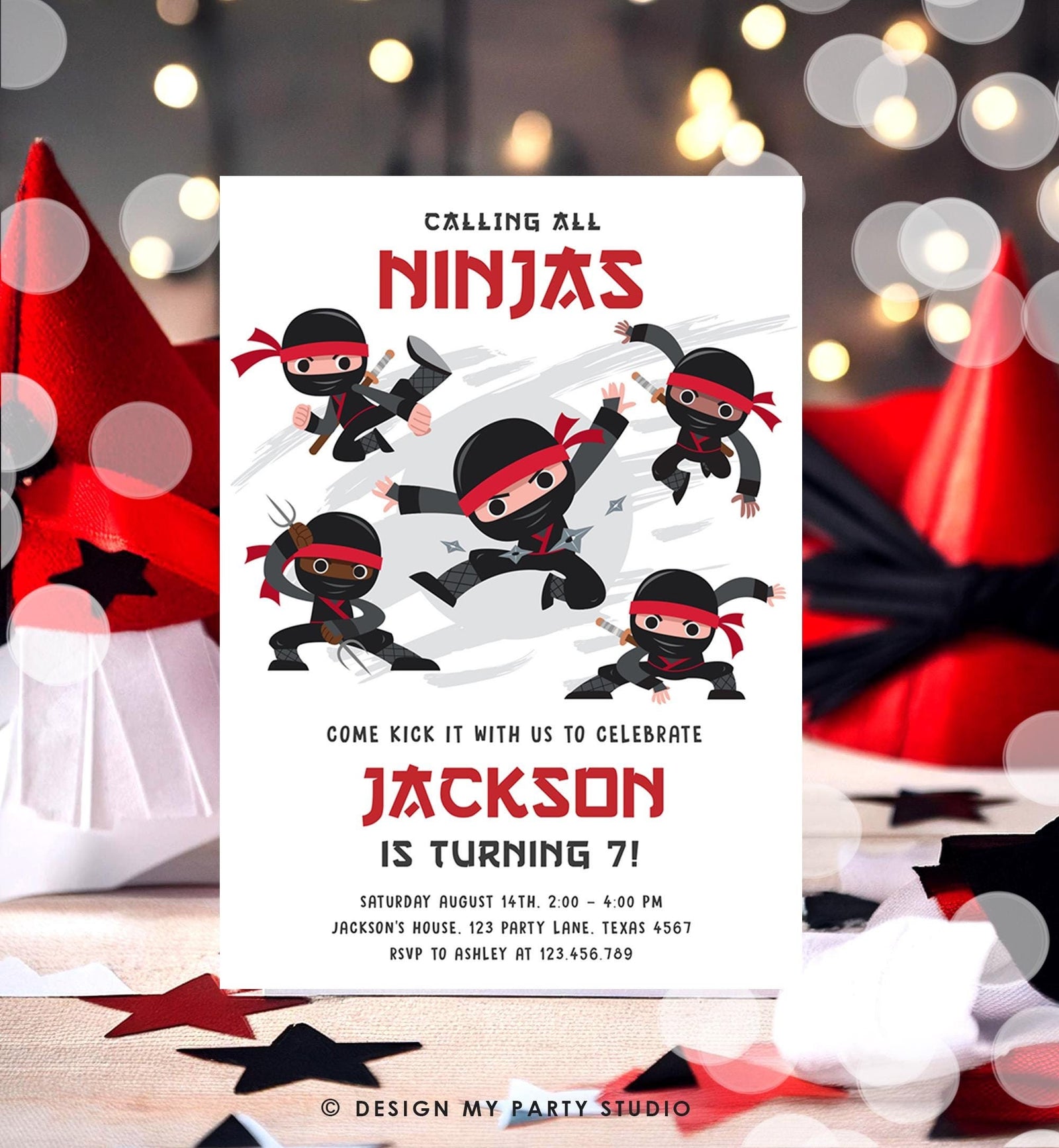 Editable Ninja Birthday Invitation Boy Red Martial Arts Party Warrior Karate Ninjutsu Digital Download Evite Template Printable 0534