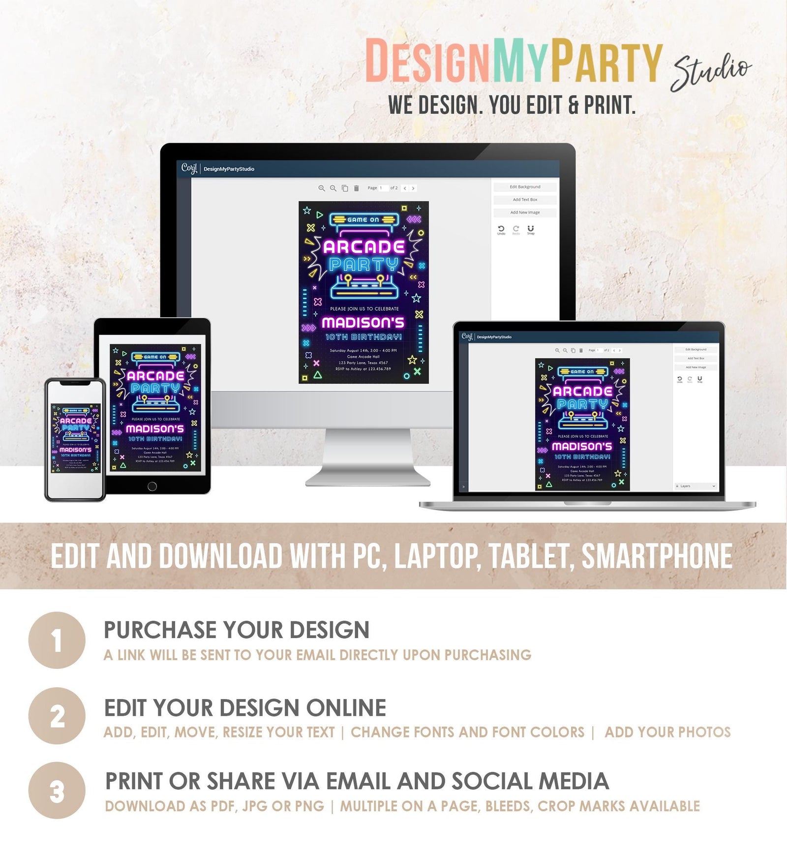 Editable Arcade Party Birthday Invitation Animals Neon Glow Game On Hall Girl Video Games Digital Download Evite Template Printable 0535