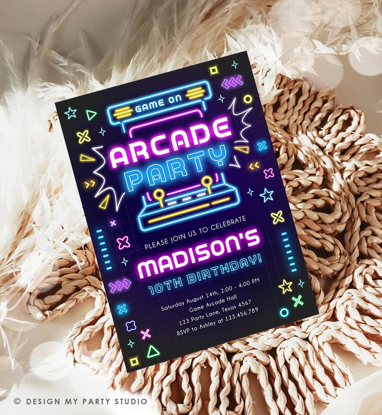 Editable Arcade Party Birthday Invitation Animals Neon Glow Game On Hall Girl Video Games Digital Download Evite Template Printable 0535