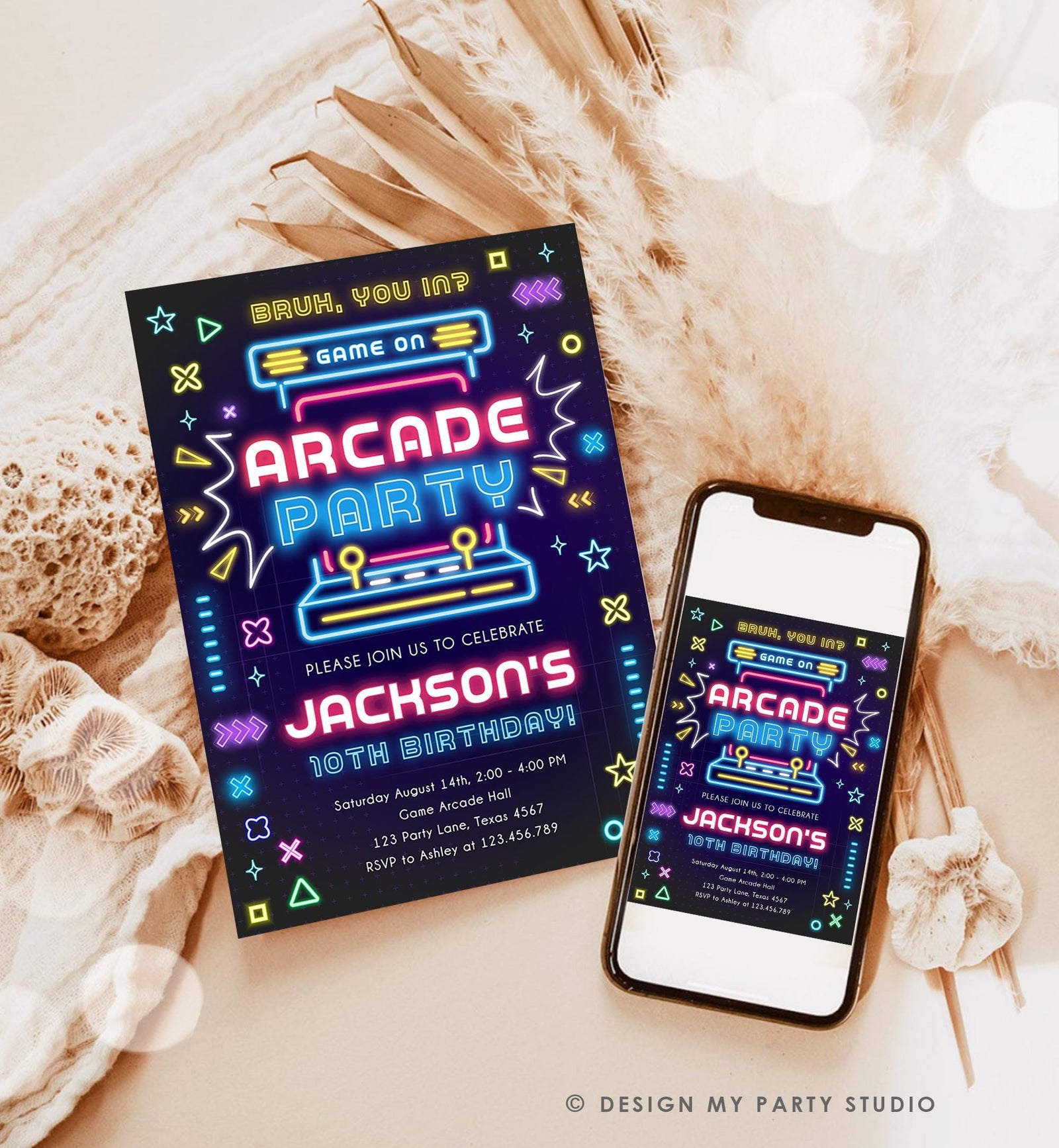 Editable Arcade Party Birthday Invitation Animals Neon Glow Game On Hall Boy Video Games Digital Download Evite Template Printable 0535