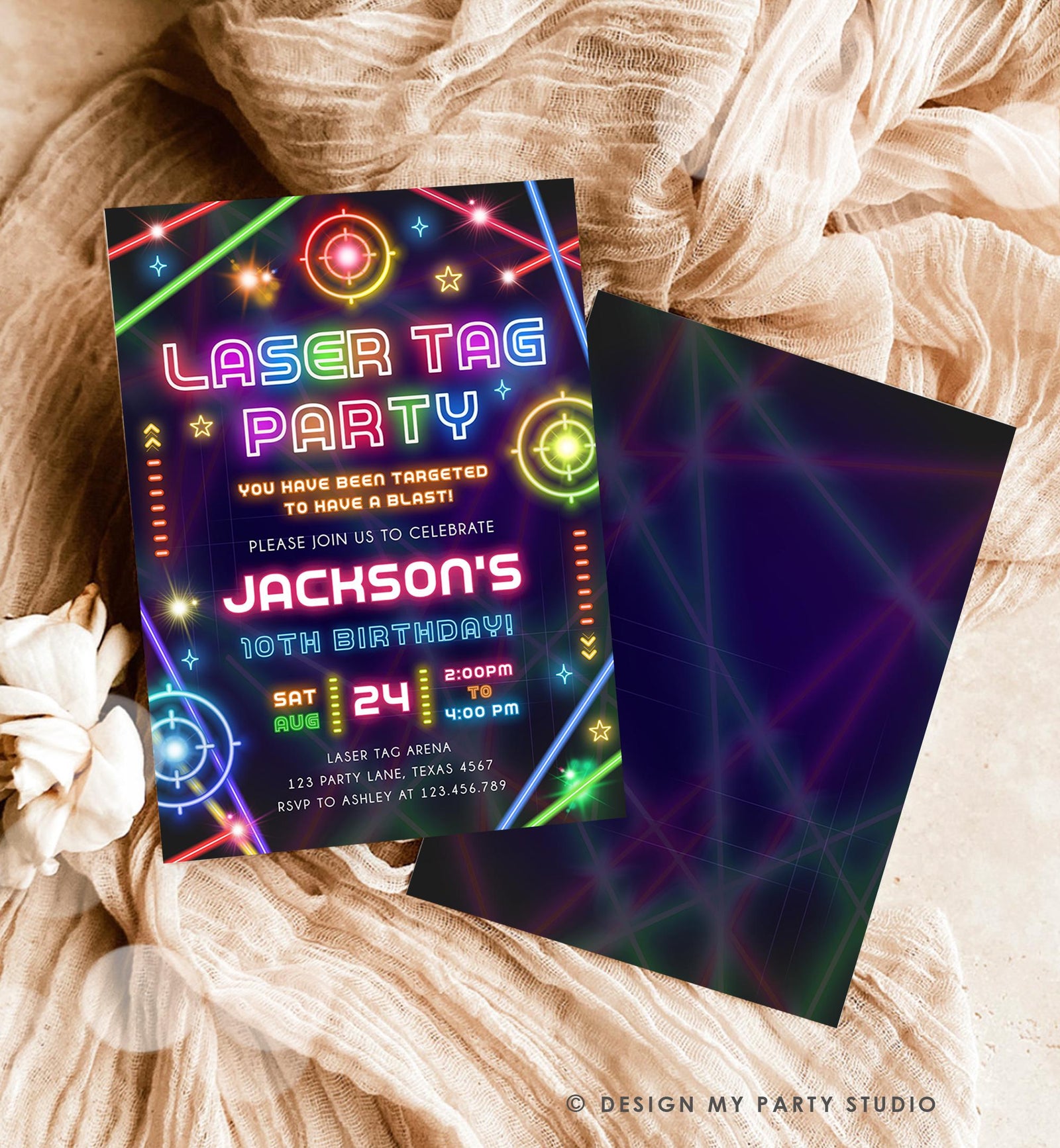 Editable Laser Tag Party Birthday Invitation Animals Neon Glow Arcade Lazer Game On Hall Boy Digital Download Evite Template Printable 0536