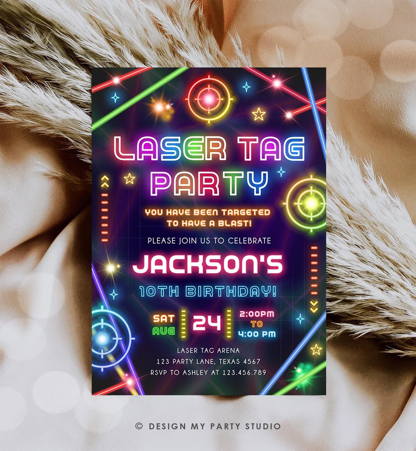 Editable Laser Tag Party Birthday Invitation Animals Neon Glow Arcade Lazer Game On Hall Boy Digital Download Evite Template Printable 0536