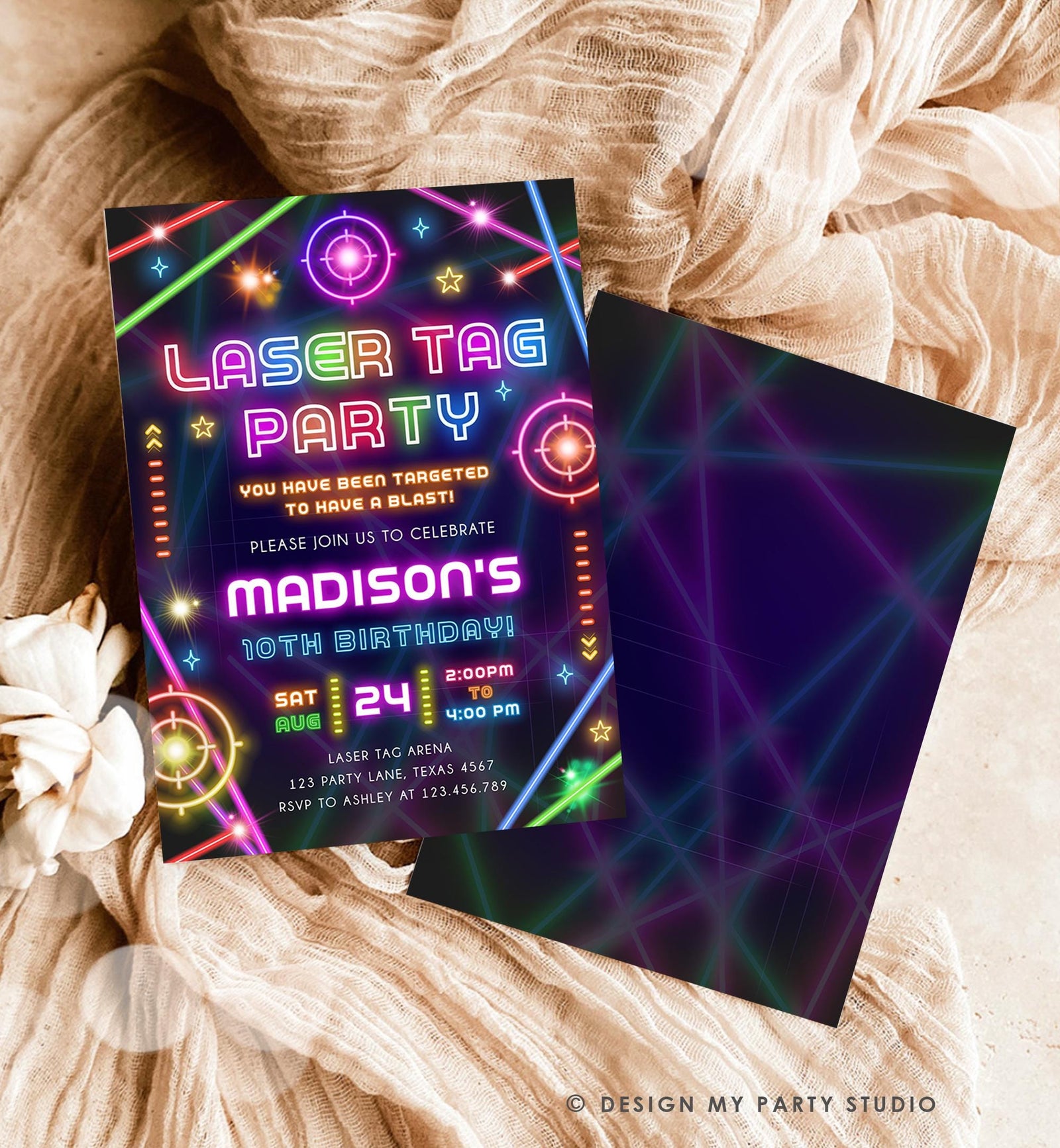 Editable Laser Tag Party Birthday Invitation Animals Neon Glow Arcade Lazer Game On Hall Girl Digital Download Evite Template Printable 0536