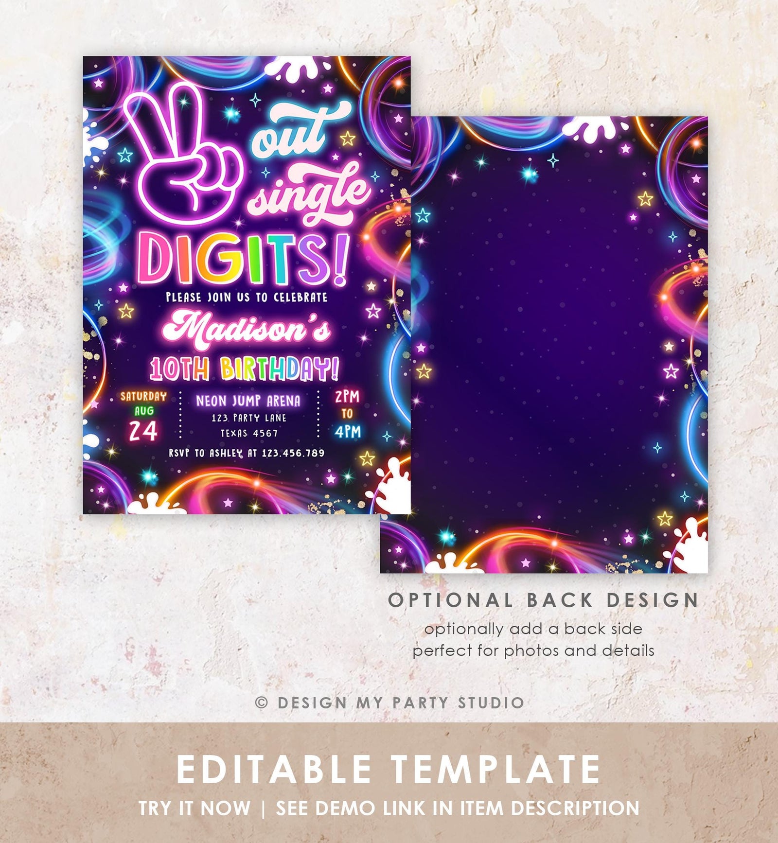 Editable Peace Out Single Digits Birthday Invitation Neon Glow Disco Girl 10th Birthday Party Digital Download Evite Template Printable 0537