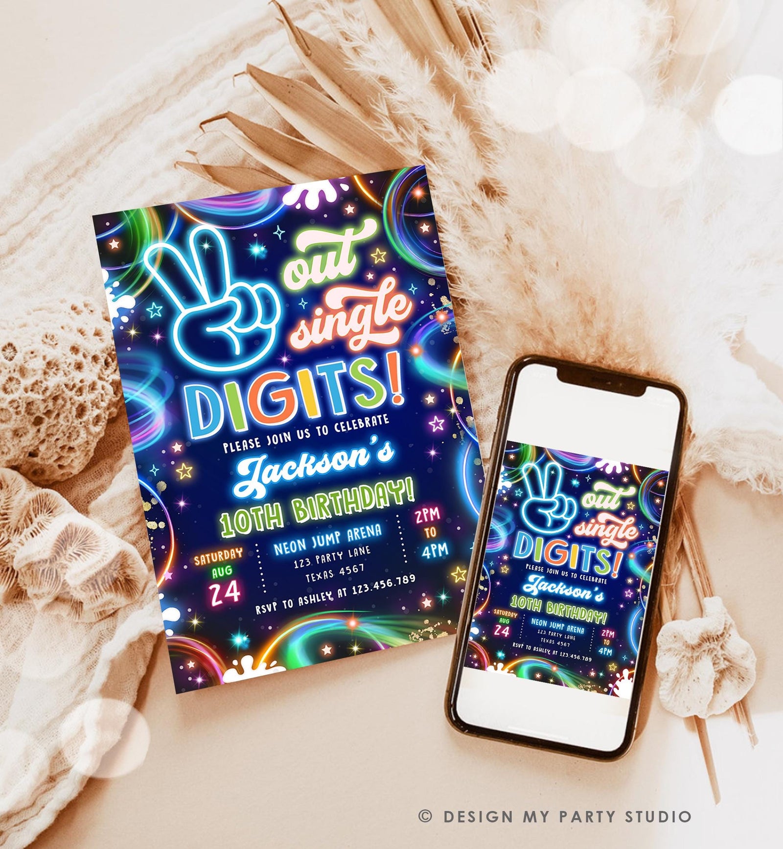 Editable Peace Out Single Digits Birthday Invitation Neon Glow Disco Boy 10th Birthday Party Digital Download Evite Template Printable 0537