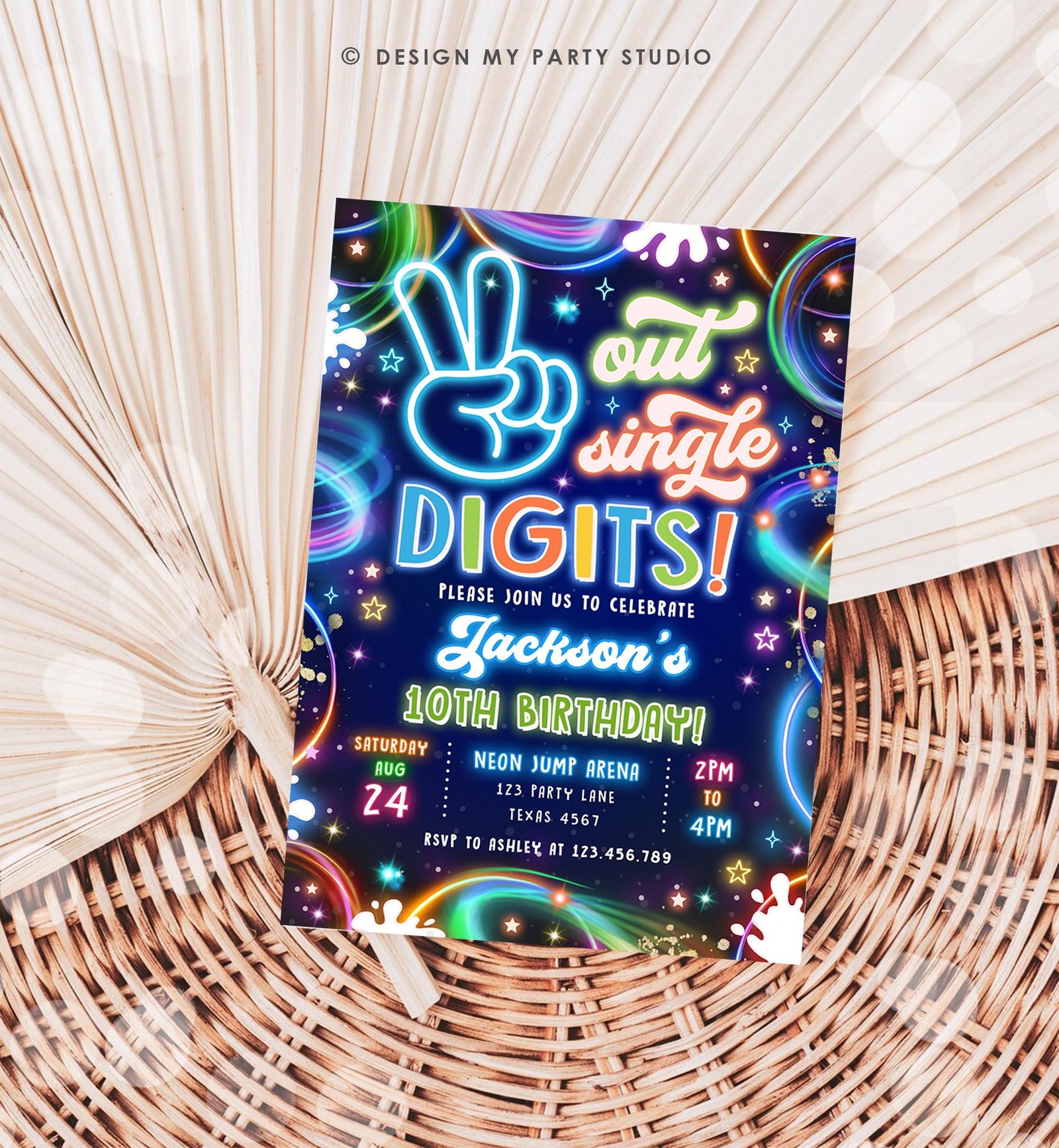 Editable Peace Out Single Digits Birthday Invitation Neon Glow Disco Boy 10th Birthday Party Digital Download Evite Template Printable 0537