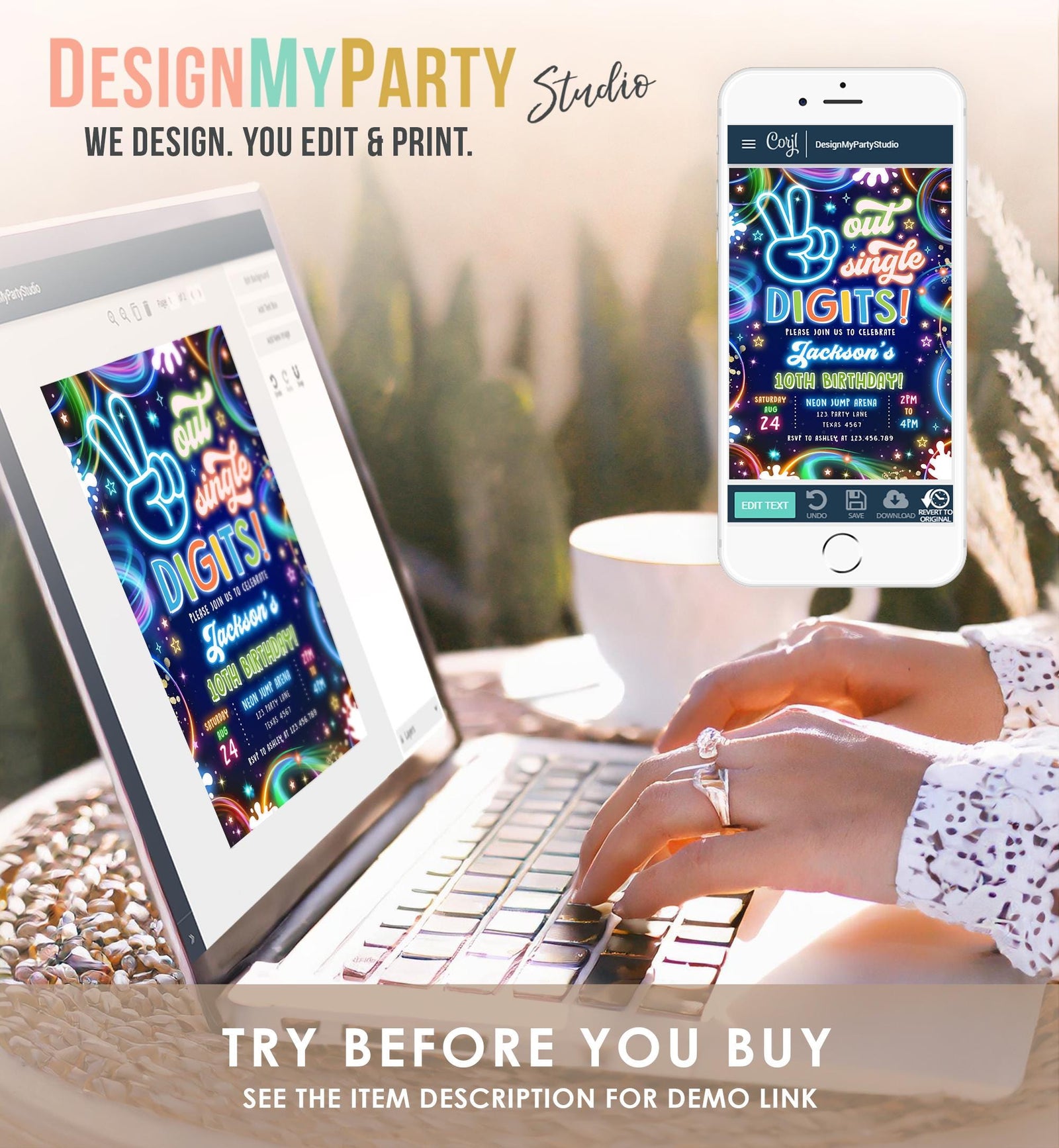 Editable Peace Out Single Digits Birthday Invitation Neon Glow Disco Boy 10th Birthday Party Digital Download Evite Template Printable 0537