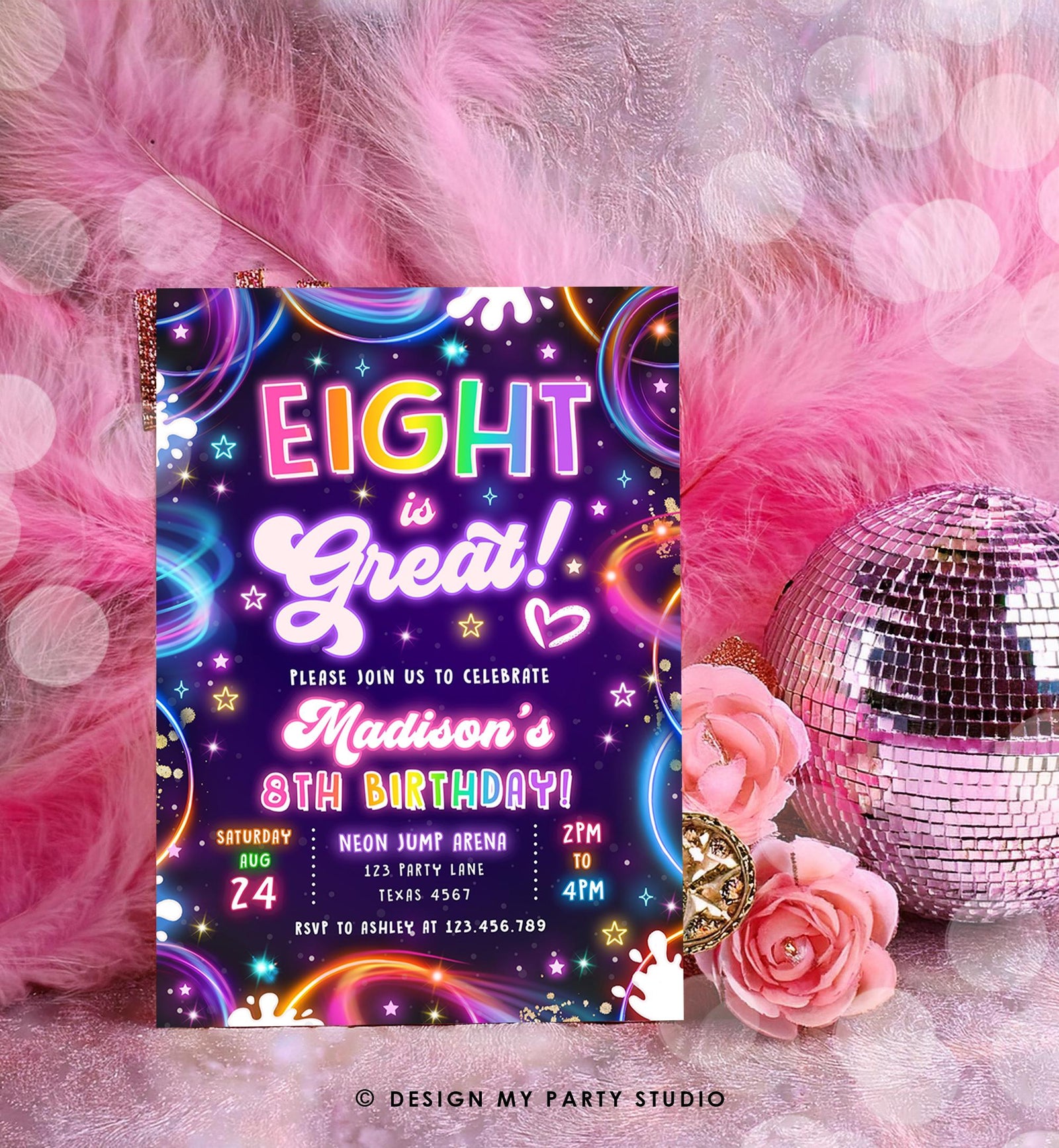 Editable Eight is Great Birthday Invitation Neon Glow Disco Girl 8th Birthday Party Digital Download Evite Template Printable 0537