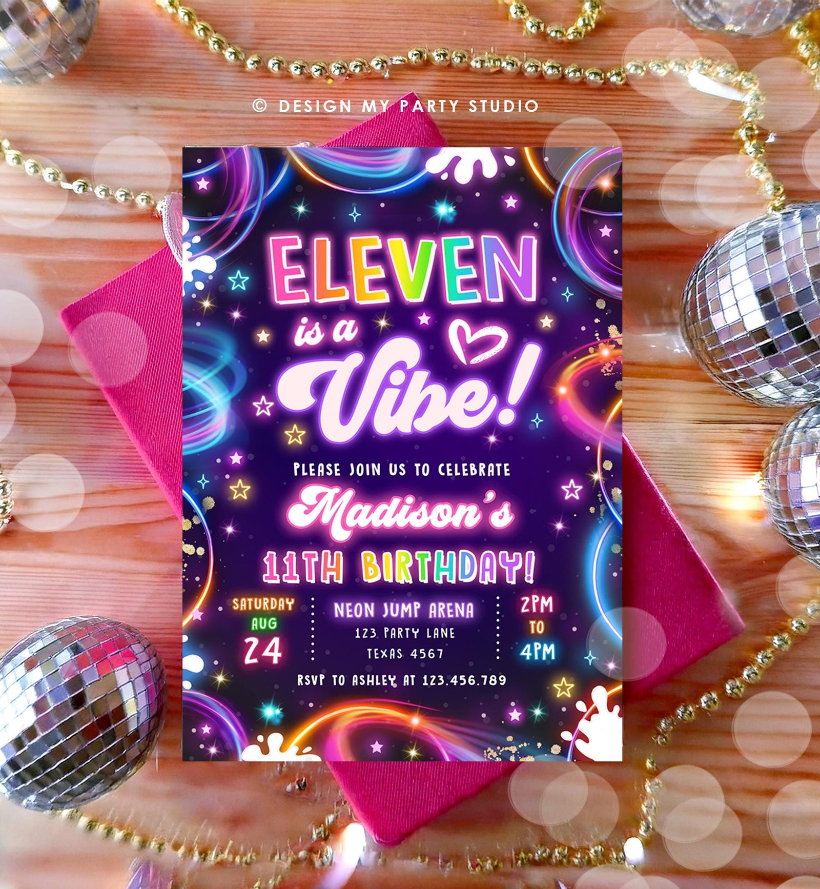 Editable Eleven is a Vibe Birthday Invitation Neon Glow Disco Girl 11th Birthday Party Digital Download Evite Template Printable 0537