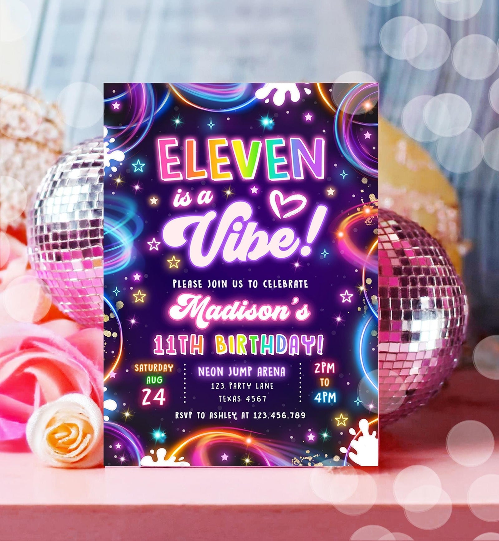 Editable Eleven is a Vibe Birthday Invitation Neon Glow Disco Girl 11th Birthday Party Digital Download Evite Template Printable 0537