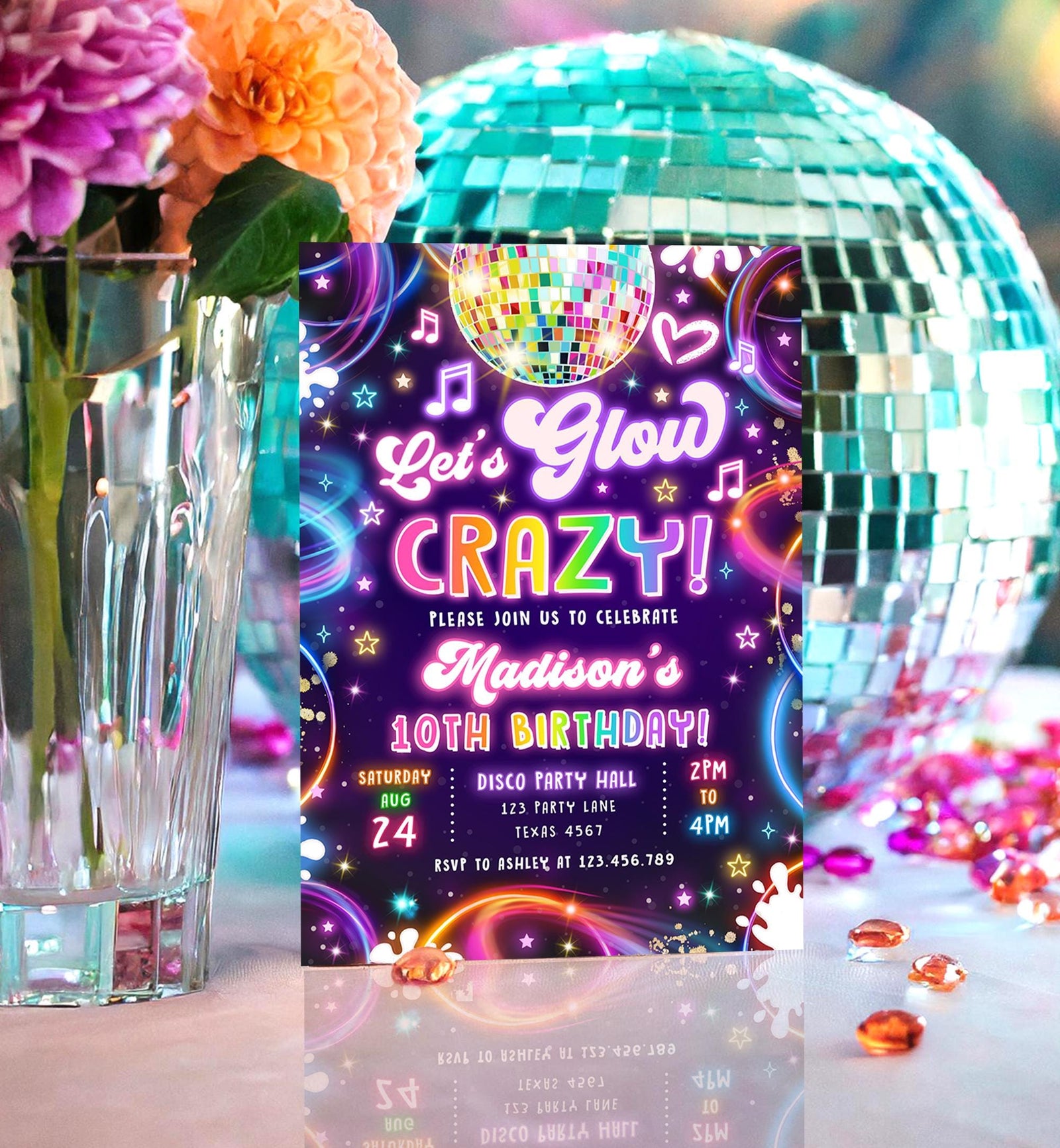 Editable Let's Glow Crazy Birthday Invitation Neon Glow Disco Party Girl Retro Groovy Digital Download Evite Template Printable 0537