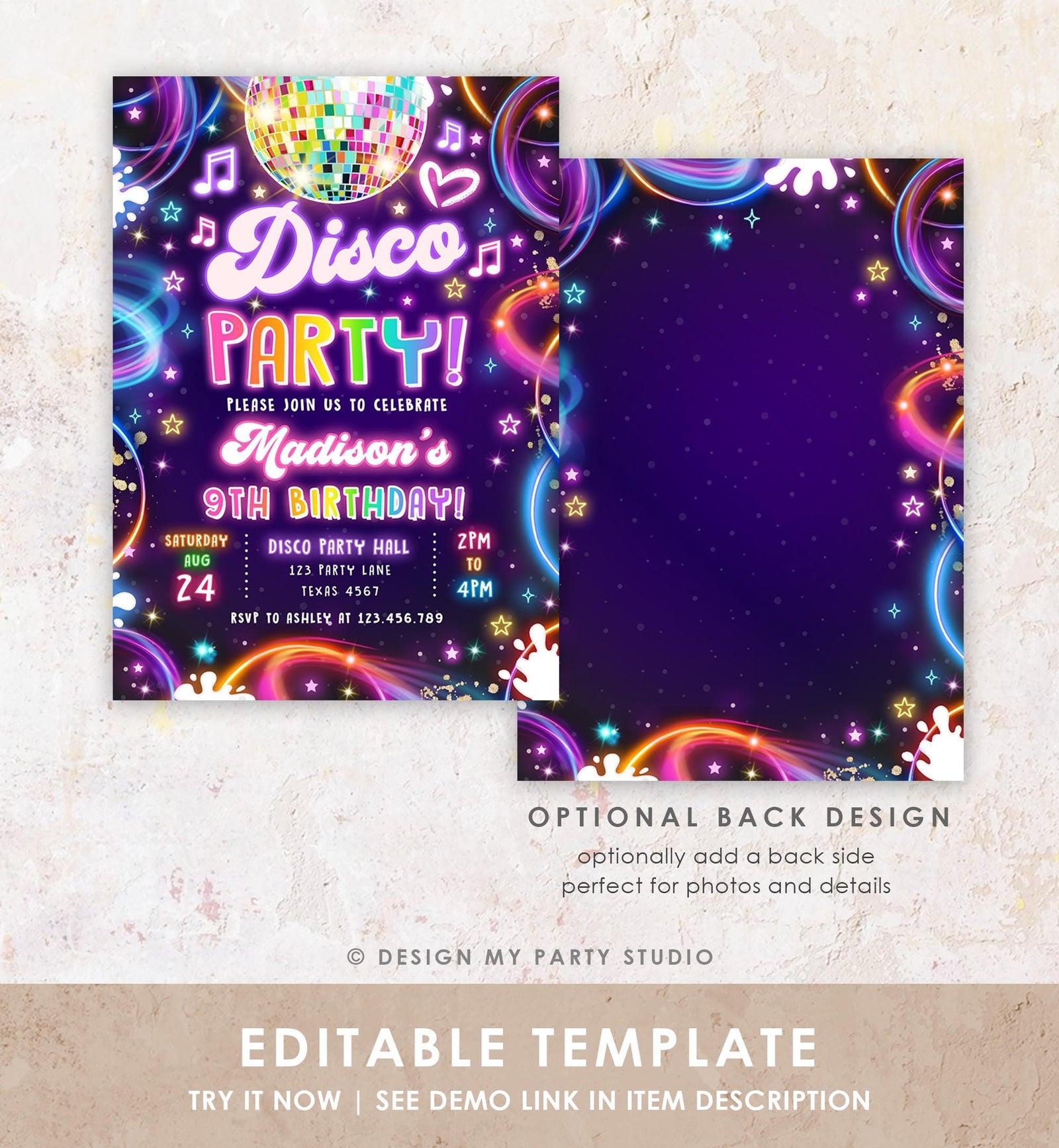 Editable Disco Party Birthday Invitation Neon Glow Let's Glow Crazy Girl Retro Groovy Digital Download Evite Template Printable 0537