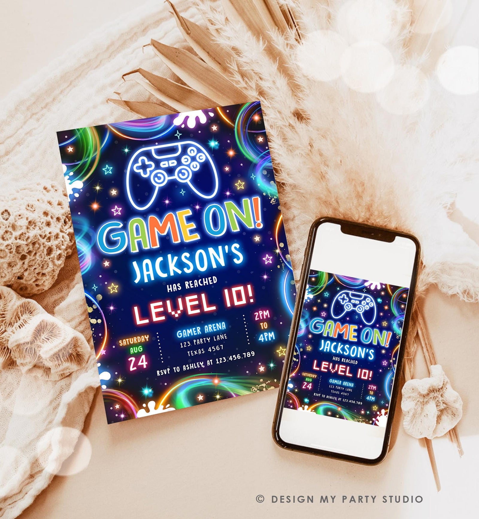 Editable Game On Birthday Invitation Video Game Gamer Level Up Neon Glow Boy Epic Play Party Fun Digital Evite Template Printable 0537