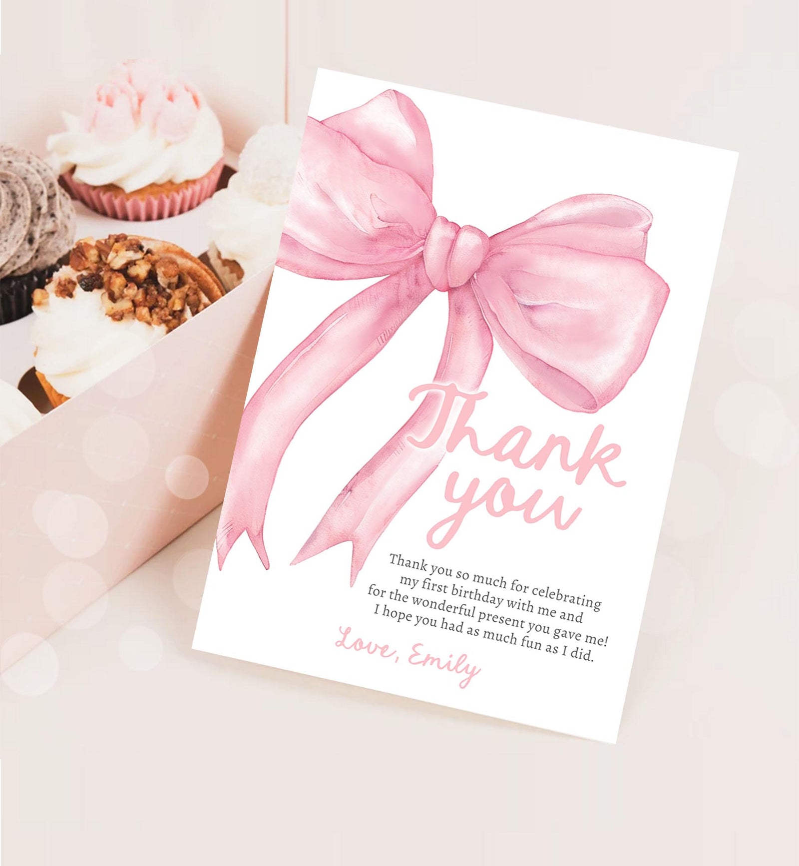 Editable Pink Bow Thank You Card Girls Just Wanna Be One Pink Coquette 1st Birthday Girl Preppy Digital Template Download Printable 0527