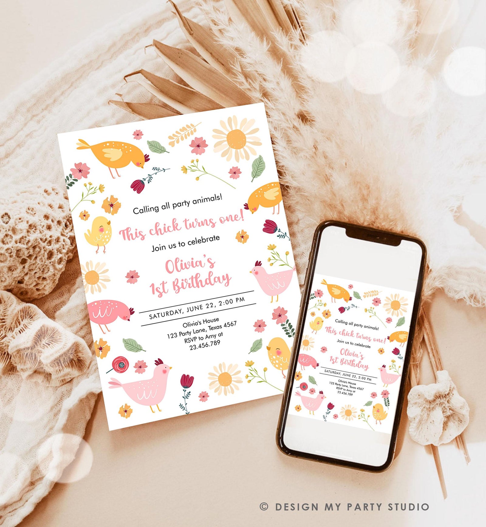 Editable Little Chick Birthday Invitation Girl Spring Birthday Party Farm Barnyard Chicken Easter Digital Download Template Printable 0446