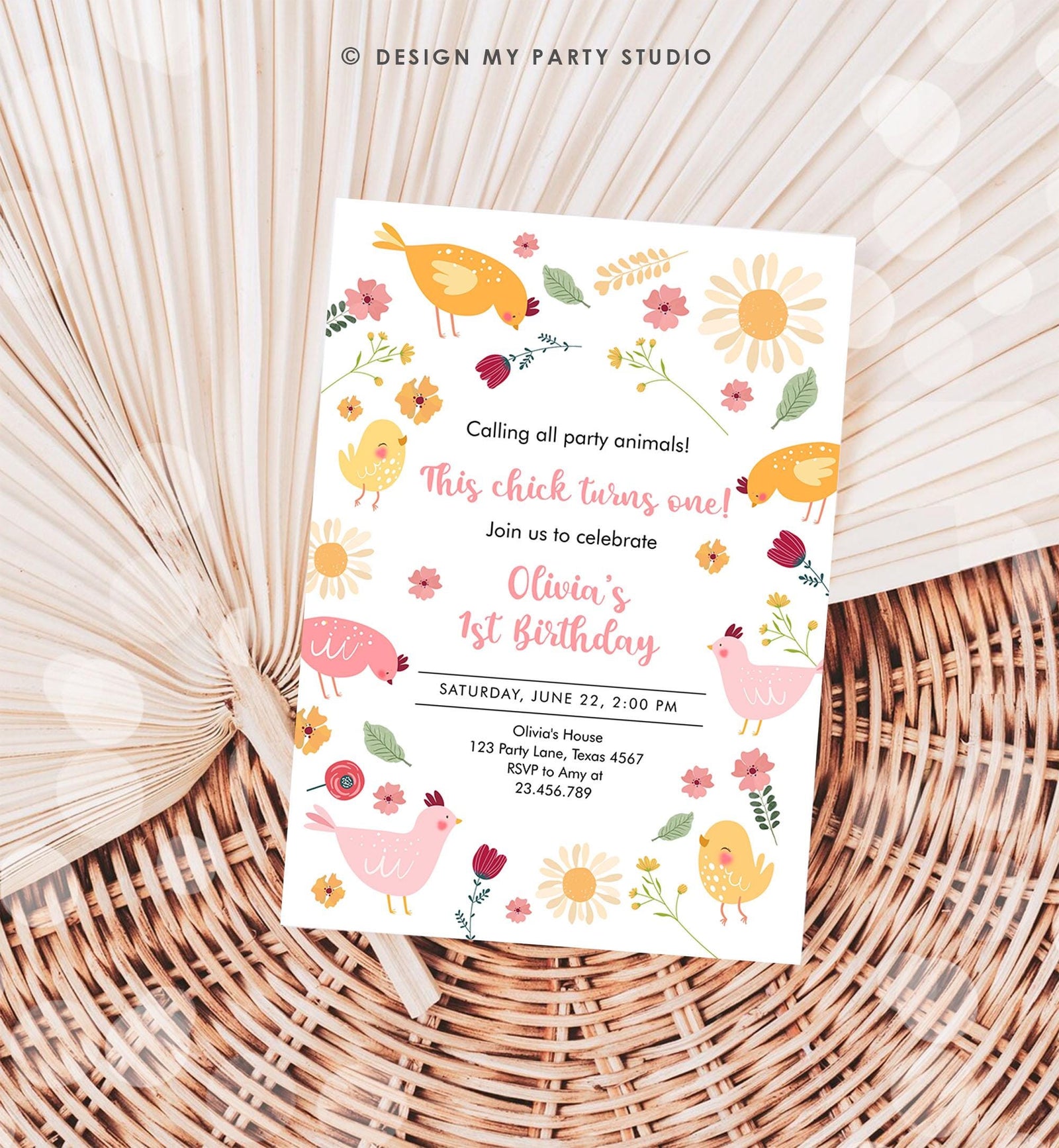 Editable Little Chick Birthday Invitation Girl Spring Birthday Party Farm Barnyard Chicken Easter Digital Download Template Printable 0446