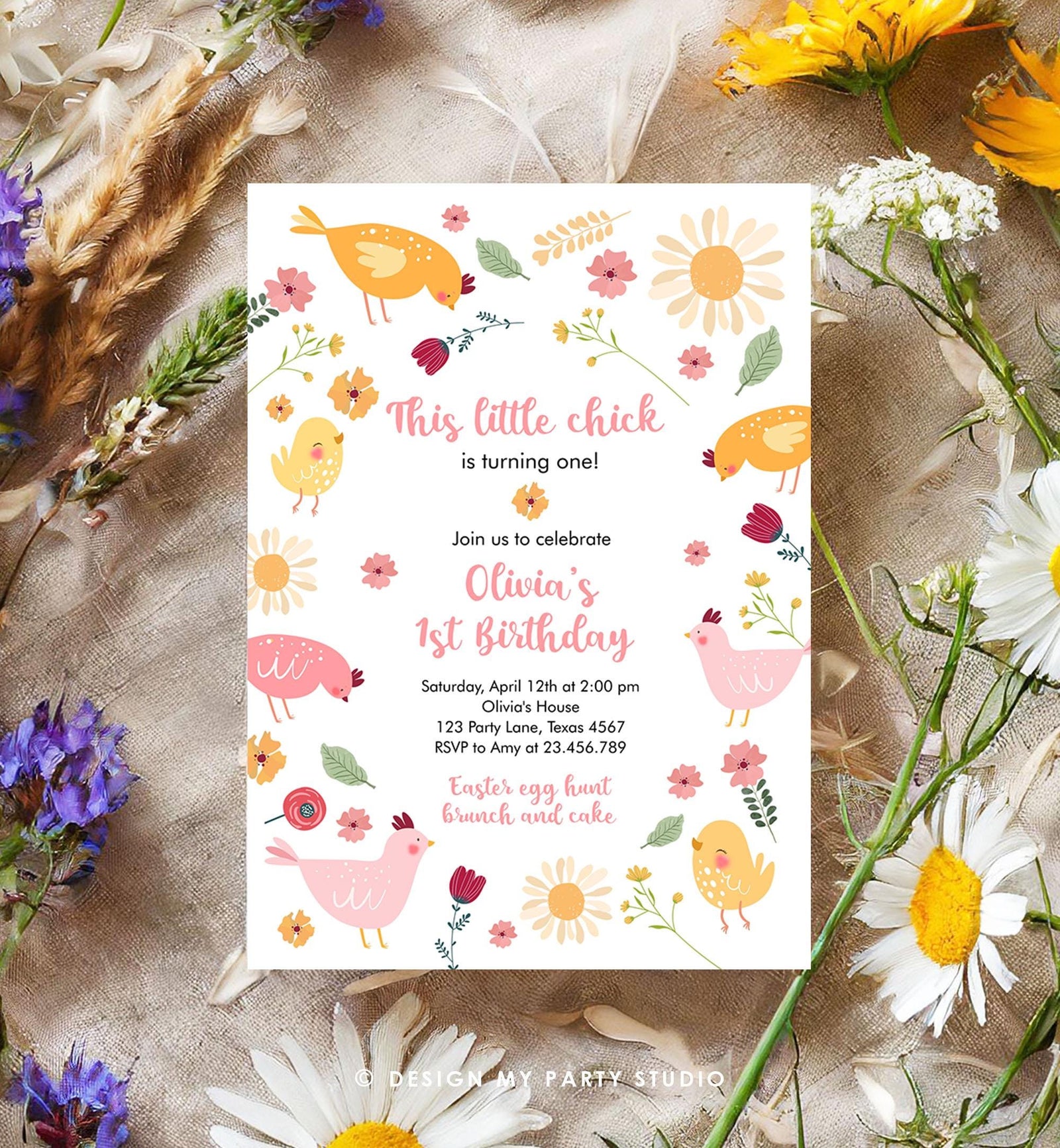 Editable Little Chick Birthday Invitation Girl Spring Birthday Party Farm Barnyard Chicken Easter Digital Download Template Printable 0446