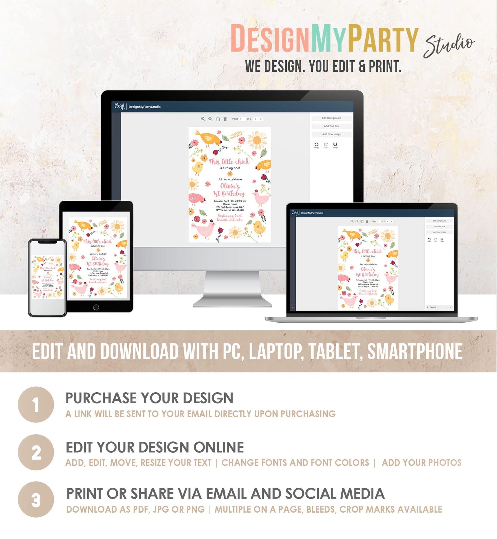 Editable Little Chick Birthday Invitation Girl Spring Birthday Party Farm Barnyard Chicken Easter Digital Download Template Printable 0446