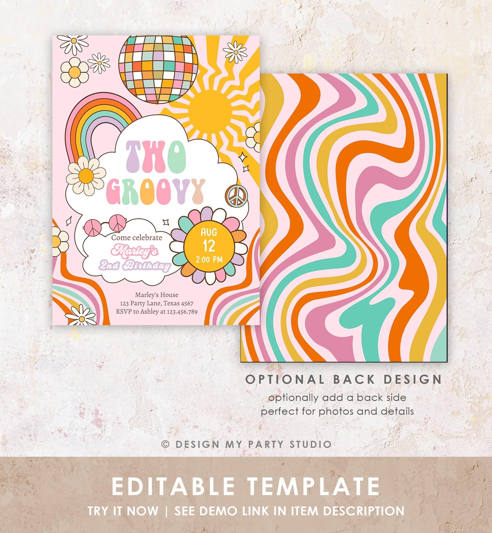 Editable Two Groovy Retro 2nd Birthday Invitation Second Birthday Groovy Babe Peace Love Pink Digital Download Evite Template Printable 0538