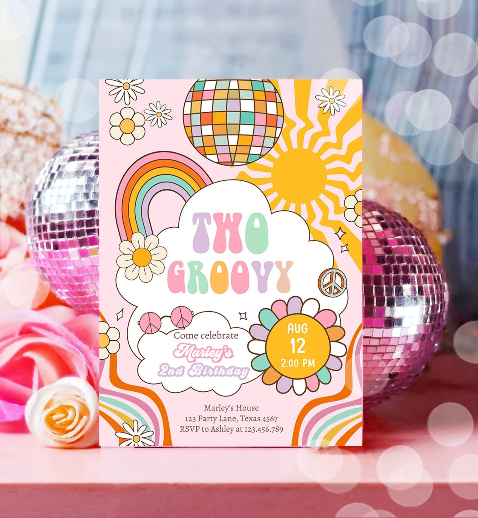 Editable Two Groovy Retro 2nd Birthday Invitation Second Birthday Groovy Babe Peace Love Pink Digital Download Evite Template Printable 0538