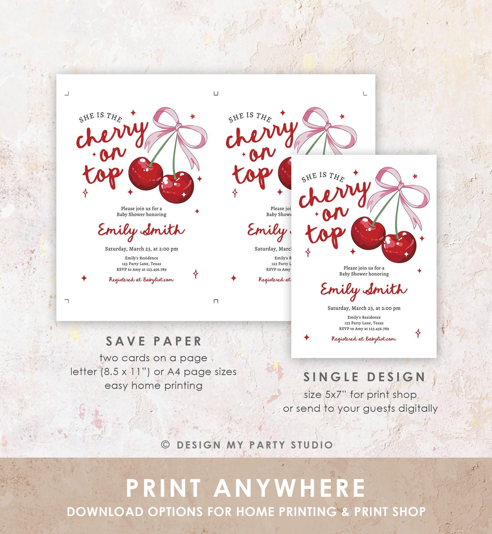 Editable Cherry Baby Shower Invitation She is The Cherry On Top Preppy Coquette Bow Berries Berry Girl Evite Template Digital Download 0539