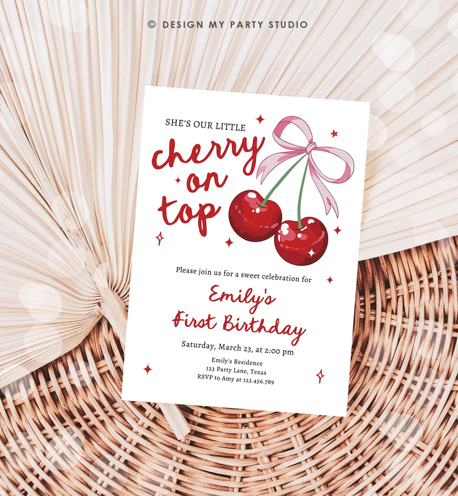 Editable Cherry Birthday Invitation Little Cherry On Top Preppy Coquette Bow Berries Berry Girl Modern Evite Template Digital Download 0539