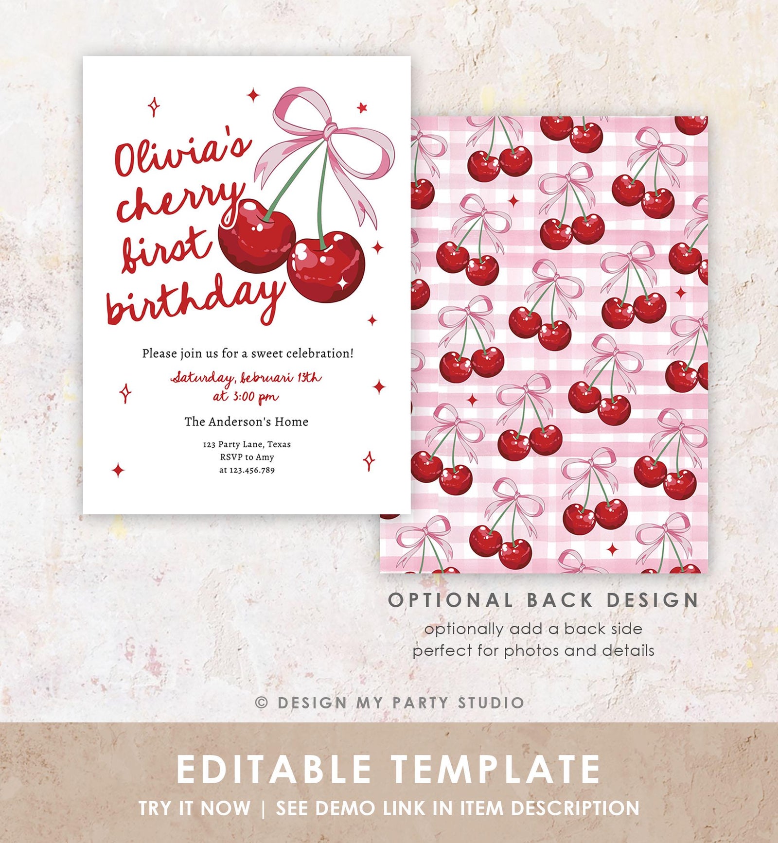 Editable Cherry First Birthday Invitation Little Cherry On Top Preppy Coquette Bow Berries Berry Girl Evite Template Digital Download 0539