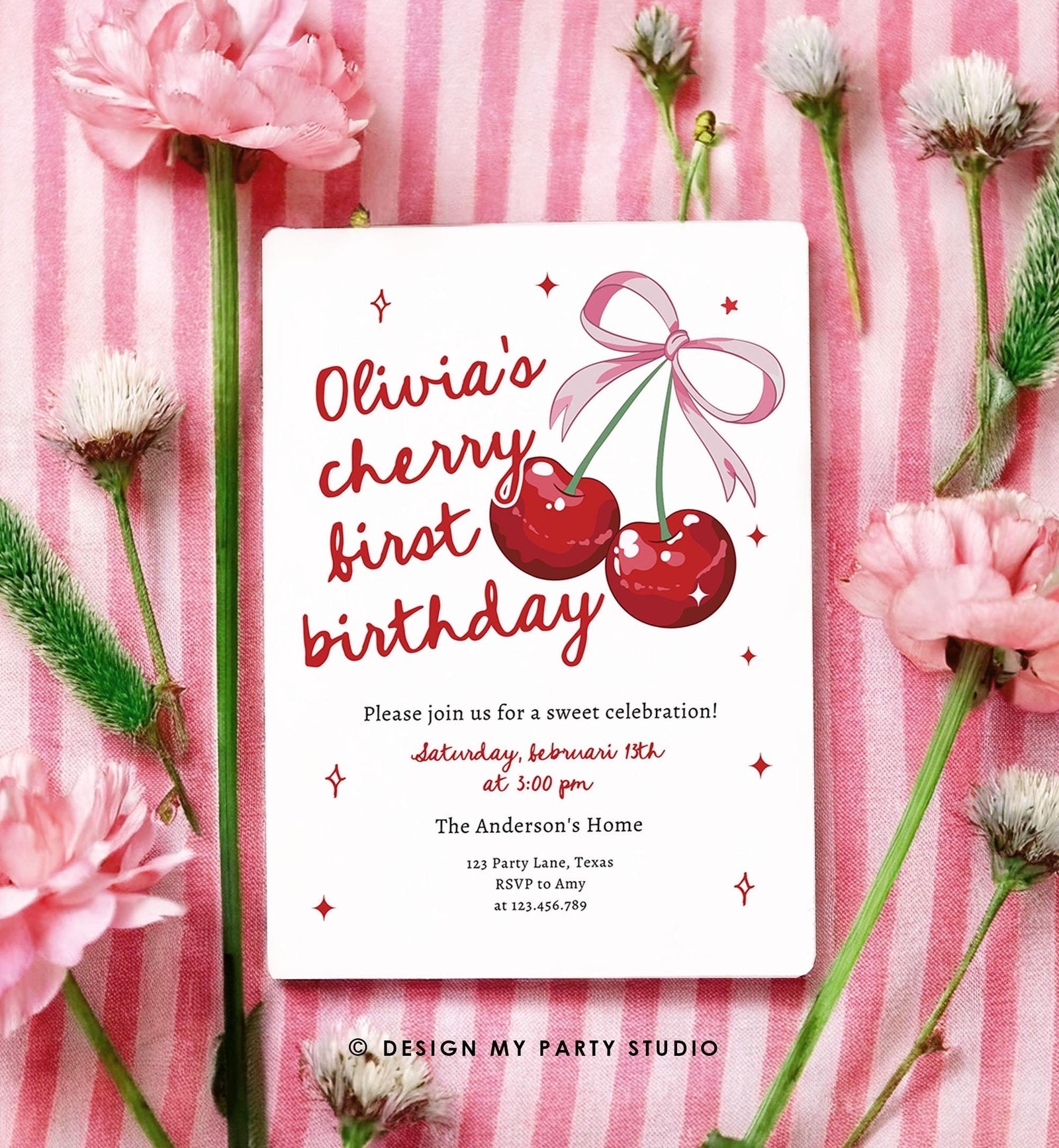 Editable Cherry First Birthday Invitation Little Cherry On Top Preppy Coquette Bow Berries Berry Girl Evite Template Digital Download 0539