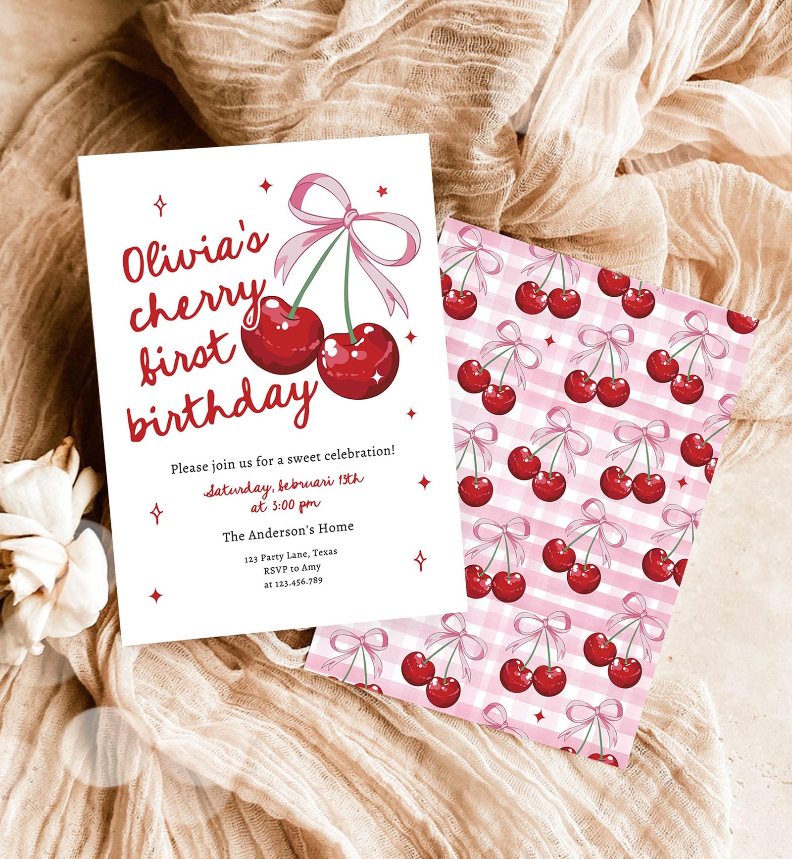 Editable Cherry First Birthday Invitation Little Cherry On Top Preppy Coquette Bow Berries Berry Girl Evite Template Digital Download 0539