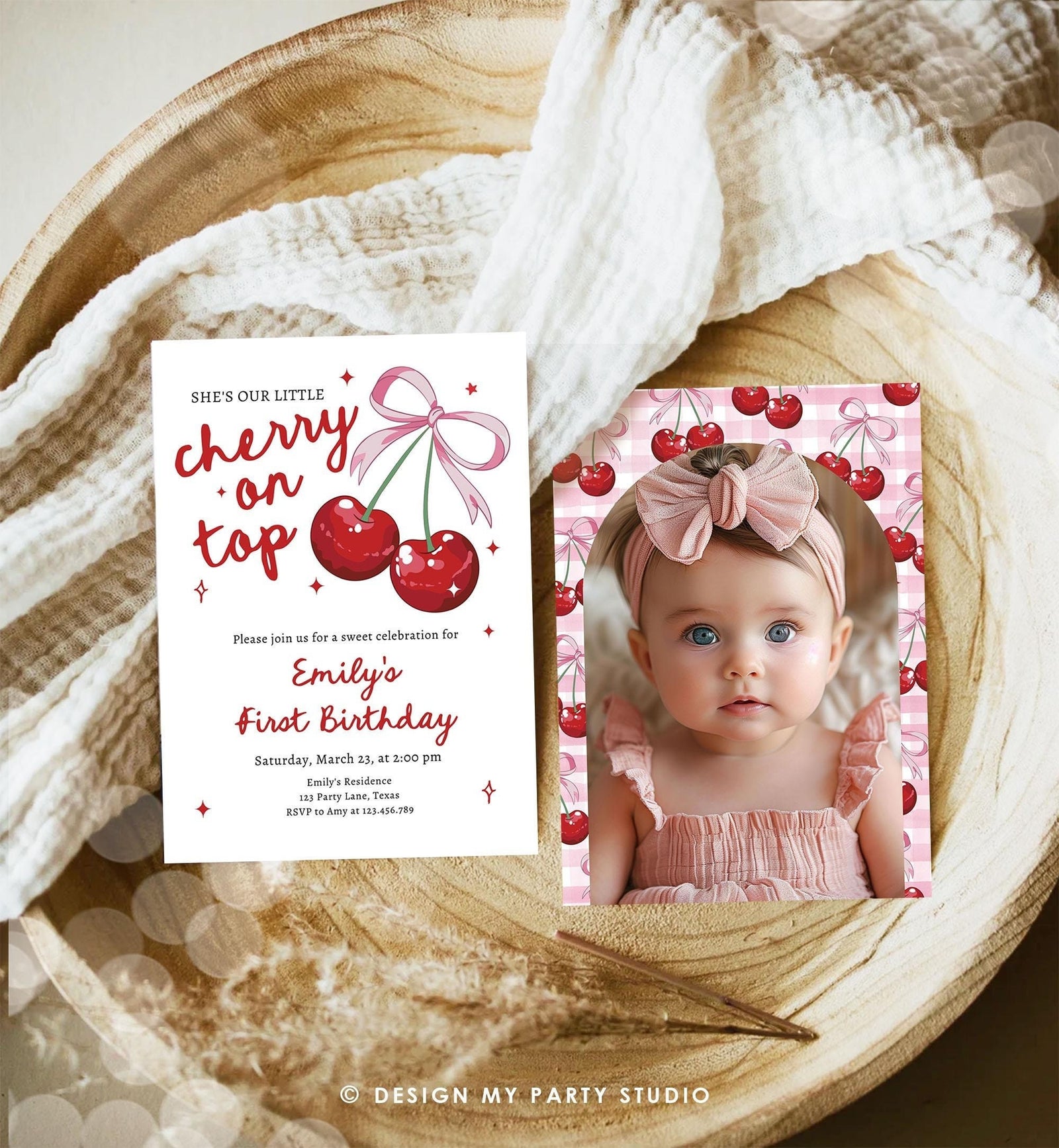 Editable Cherry First Birthday Invitation She is The Cherry On Top Preppy Coquette Bow Berries Berry Evite Template Digital Download 0539