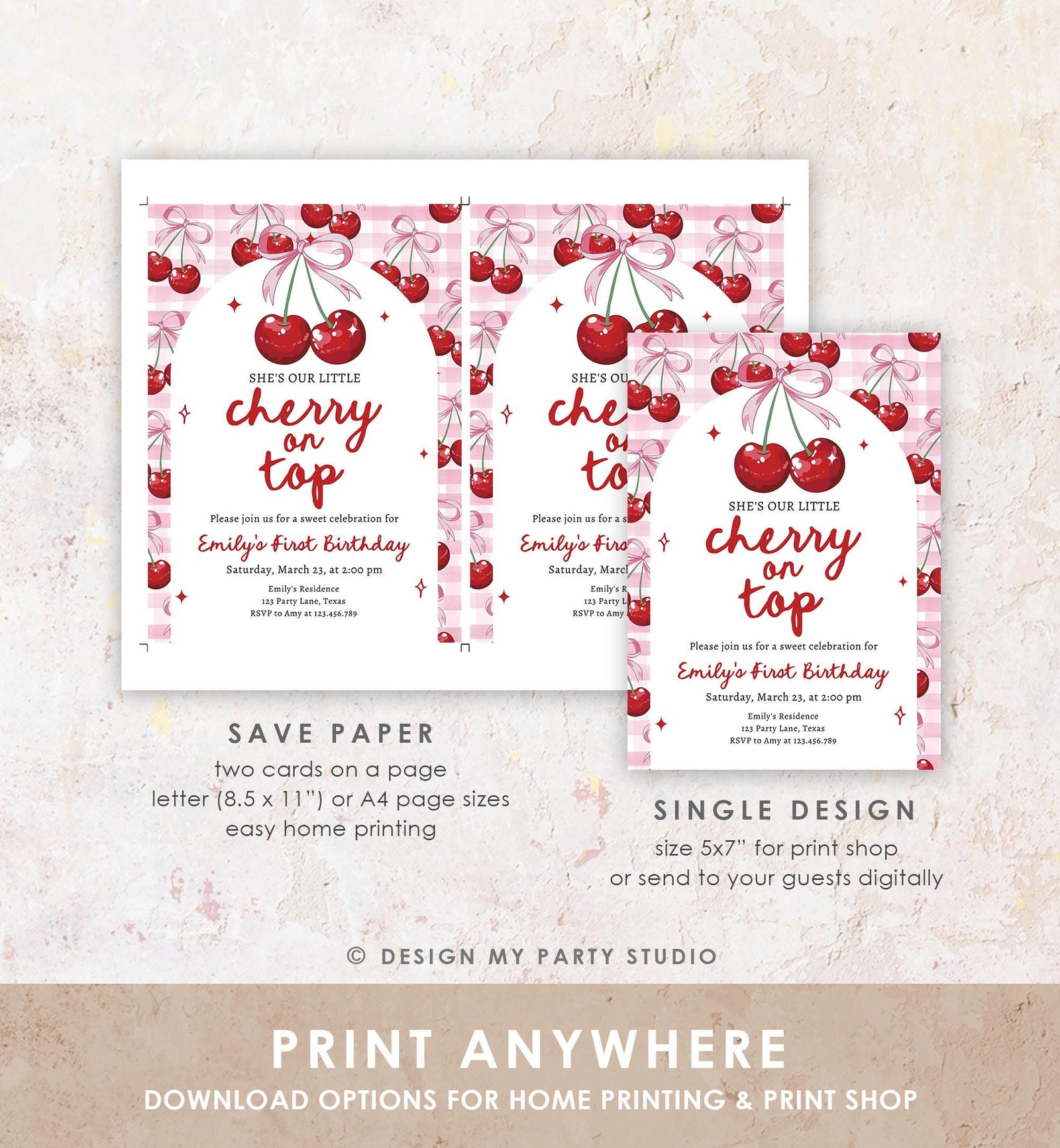 Editable Cherry Birthday Invitation Little Cherry On Top Preppy Coquette Bow Berries Berry Girl Modern Evite Template Digital Download 0539