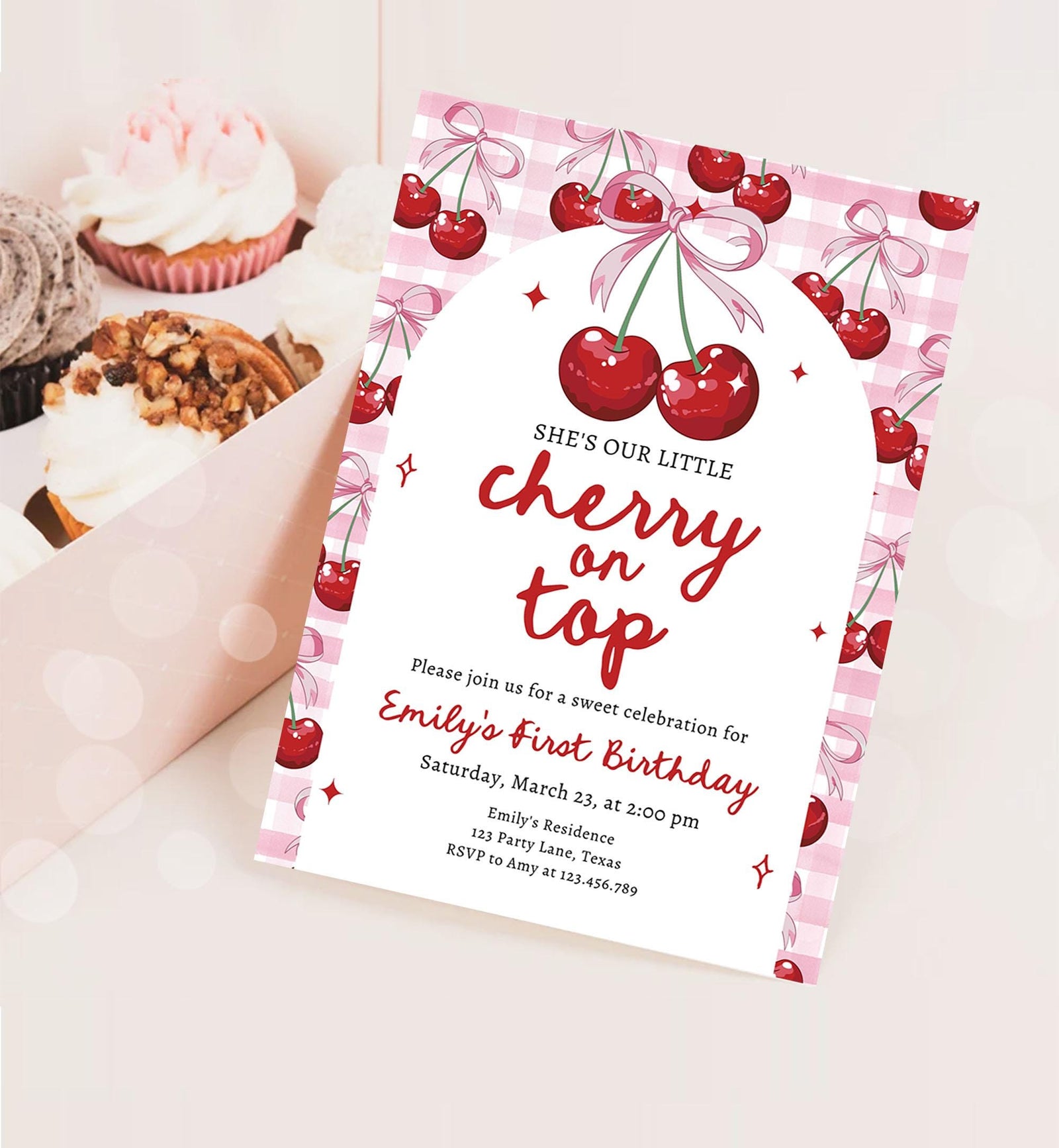 Editable Cherry Birthday Invitation Little Cherry On Top Preppy Coquette Bow Berries Berry Girl Modern Evite Template Digital Download 0539