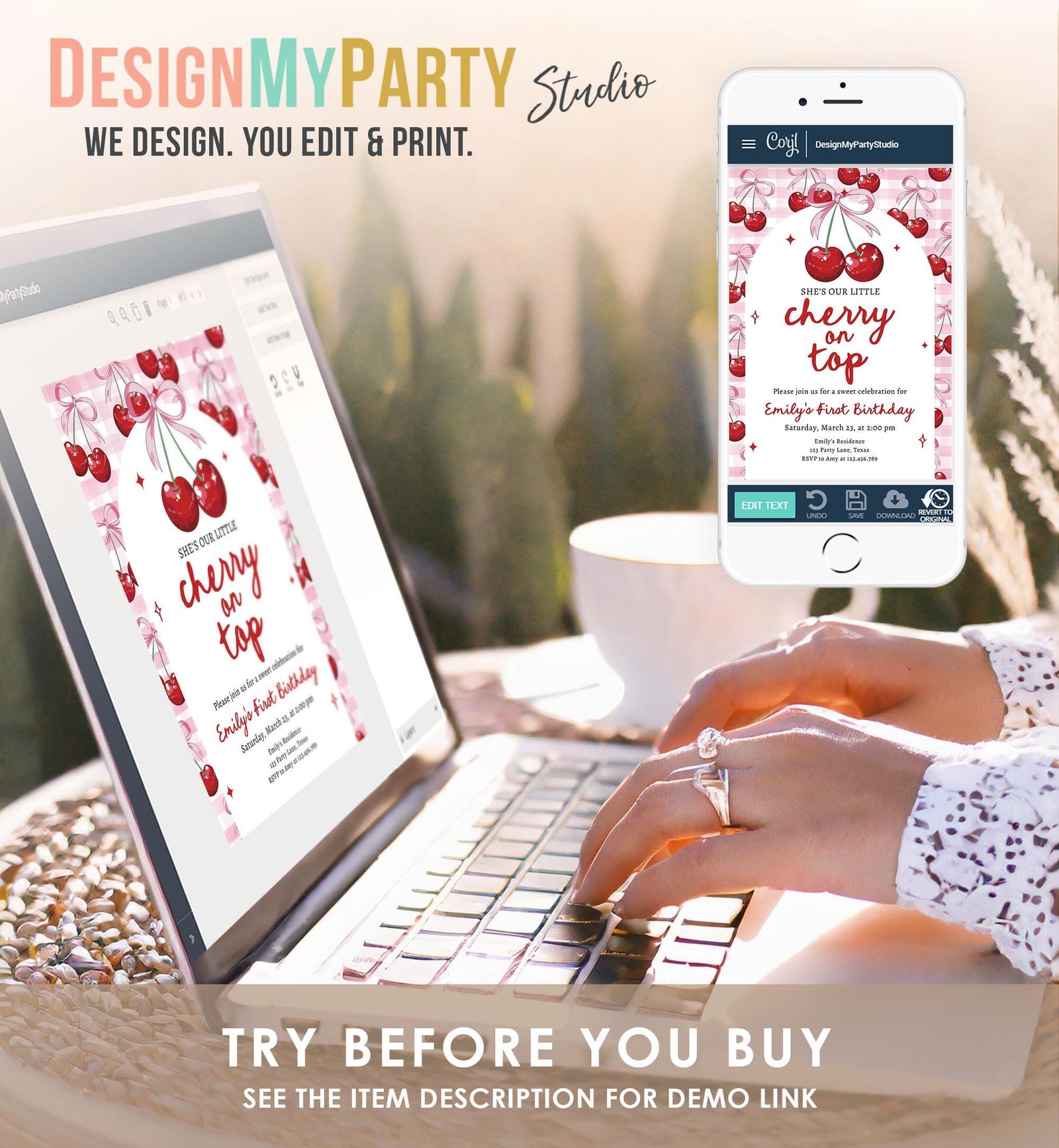 Editable Cherry Birthday Invitation Little Cherry On Top Preppy Coquette Bow Berries Berry Girl Modern Evite Template Digital Download 0539