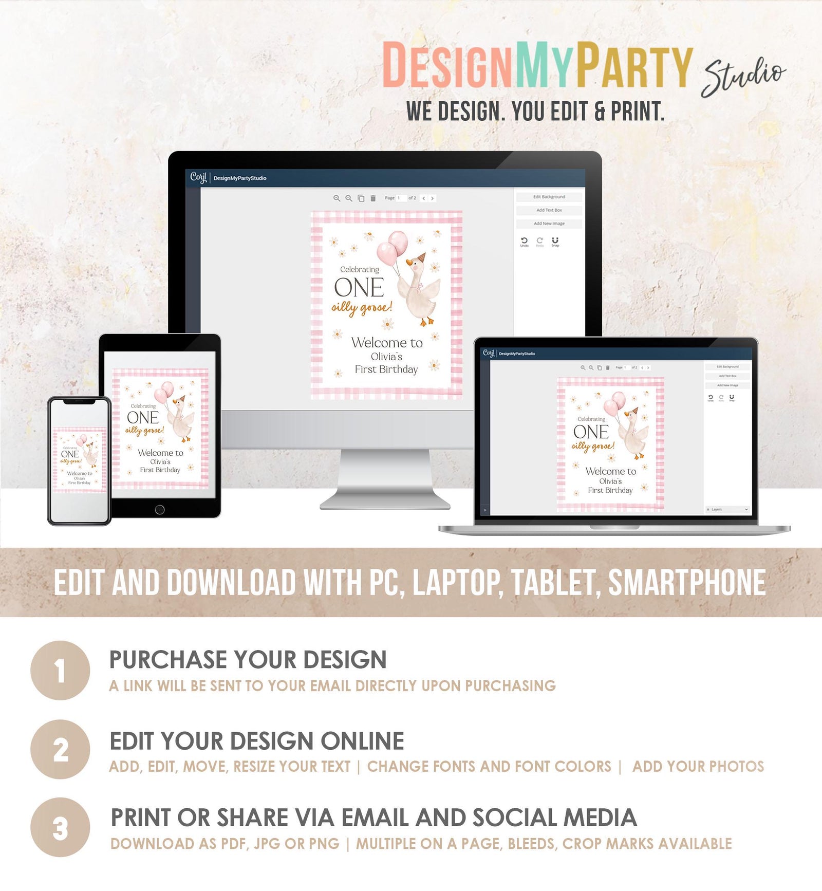 Editable One Silly Goose Birthday Welcome Sign Pink Girl Goose Birthday Decor 1st First Welcome Poster Editable Template Printable 0540