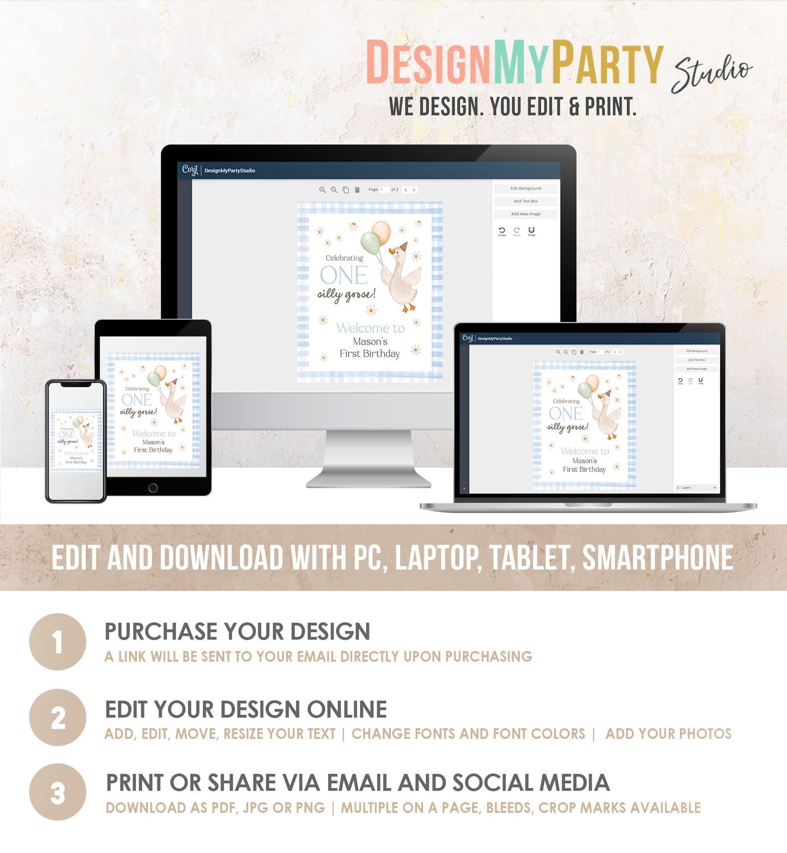 Editable One Silly Goose Birthday Welcome Sign Blue Boy Goose Birthday Decor 1st First Welcome Poster Editable Template Printable 0540