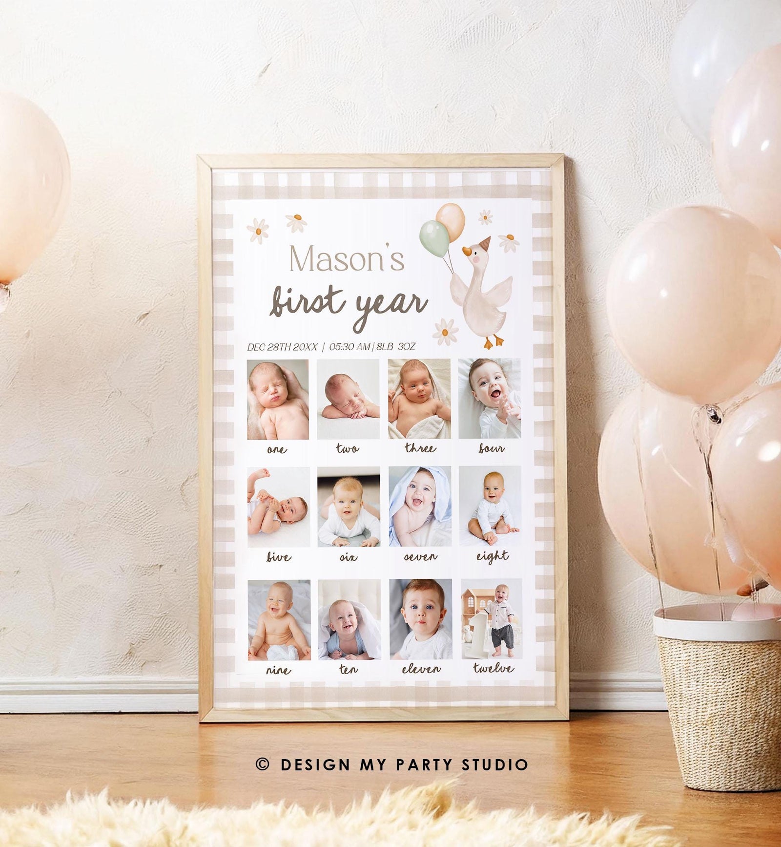 Editable One Silly Goose First Birthday Photo Board Neutral Banner Monthly Photo Sign 1st Birthday Poster Teddy Template Printable 0540