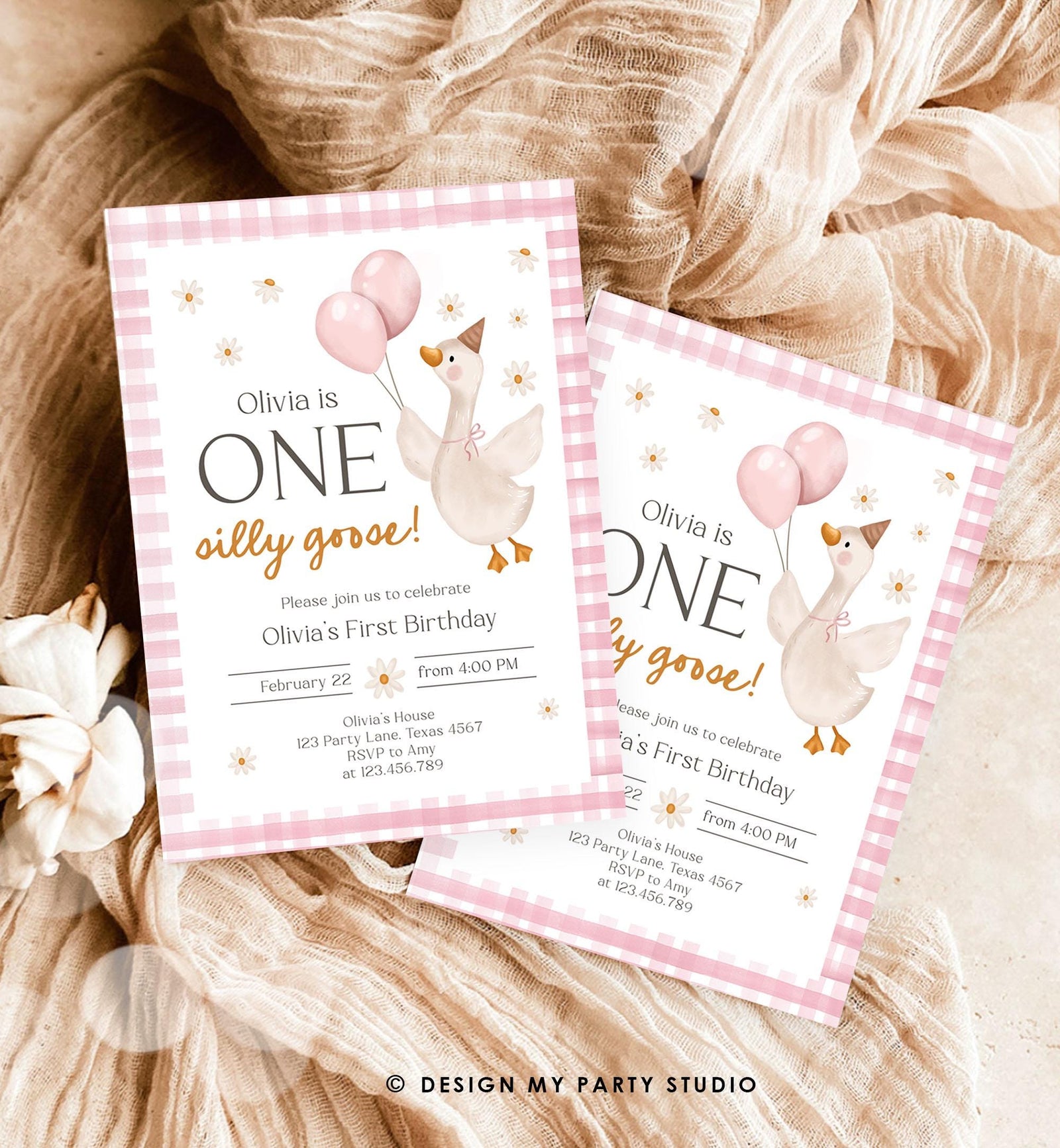 Editable Silly Goose Birthday Invitation Girl Spring Birthday Party Farm Goose 1st Birthday Daisy Digital Download Template Printable 0540