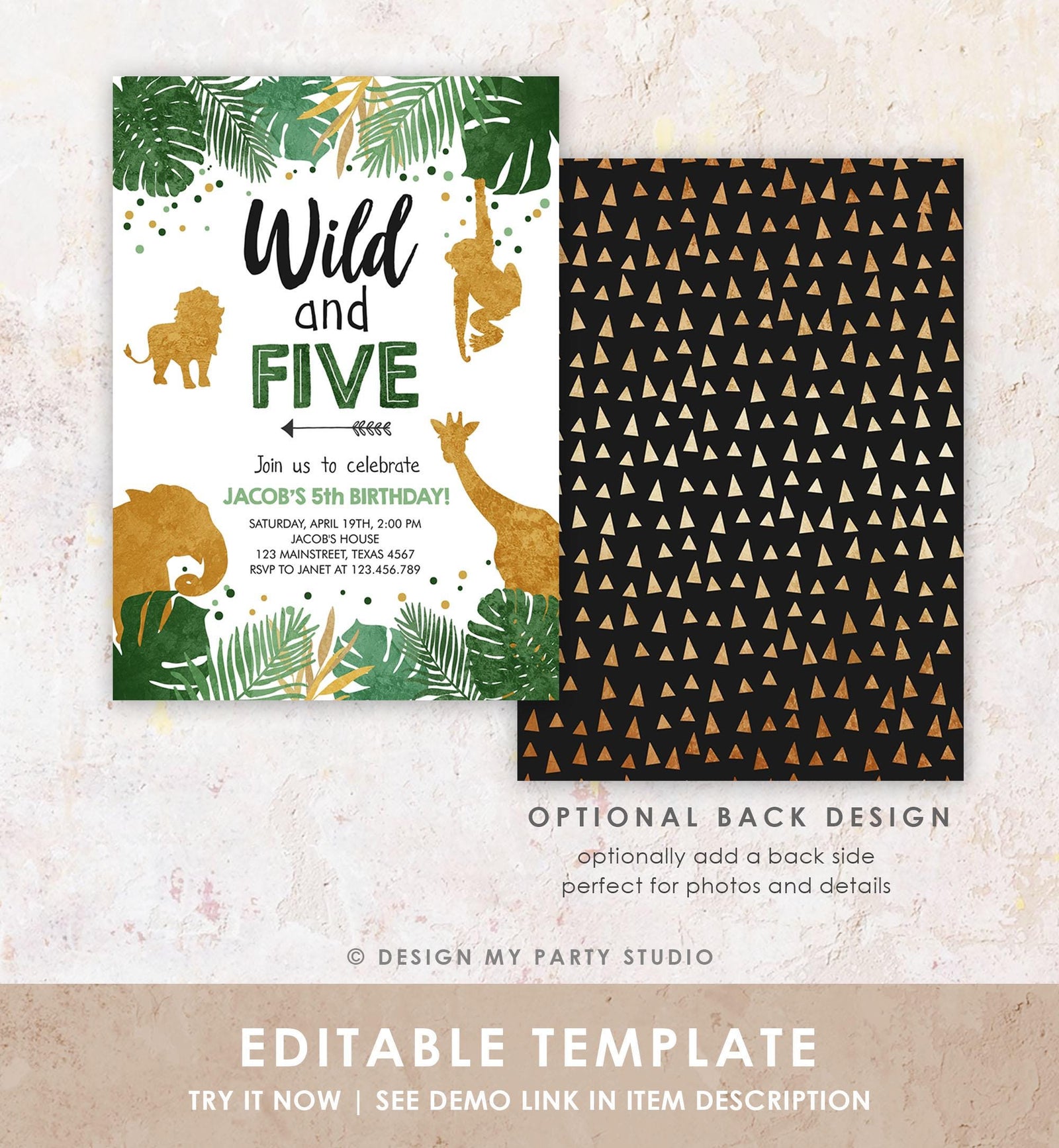 Editable Wild and Five Birthday Invitation Safari Animals Party Animals Boy Third Birthday 5th Bday Digital Evite Template Printable 0016