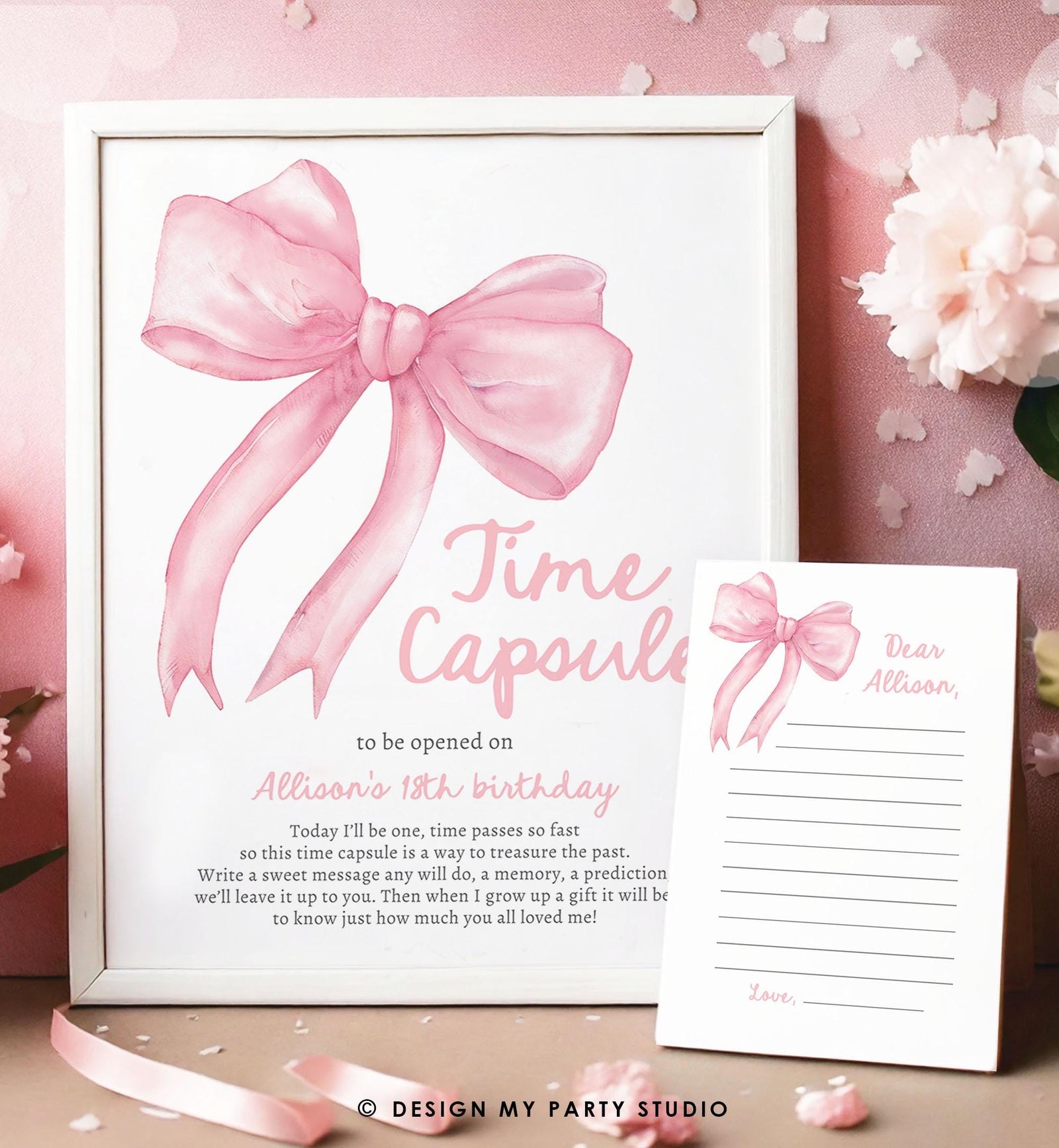 Editable Pink Bow Time Capsule Sign Girls Just Wanna Be One Birthday Party Game 1st Coquette Bow Download Digital Template Printable 0527