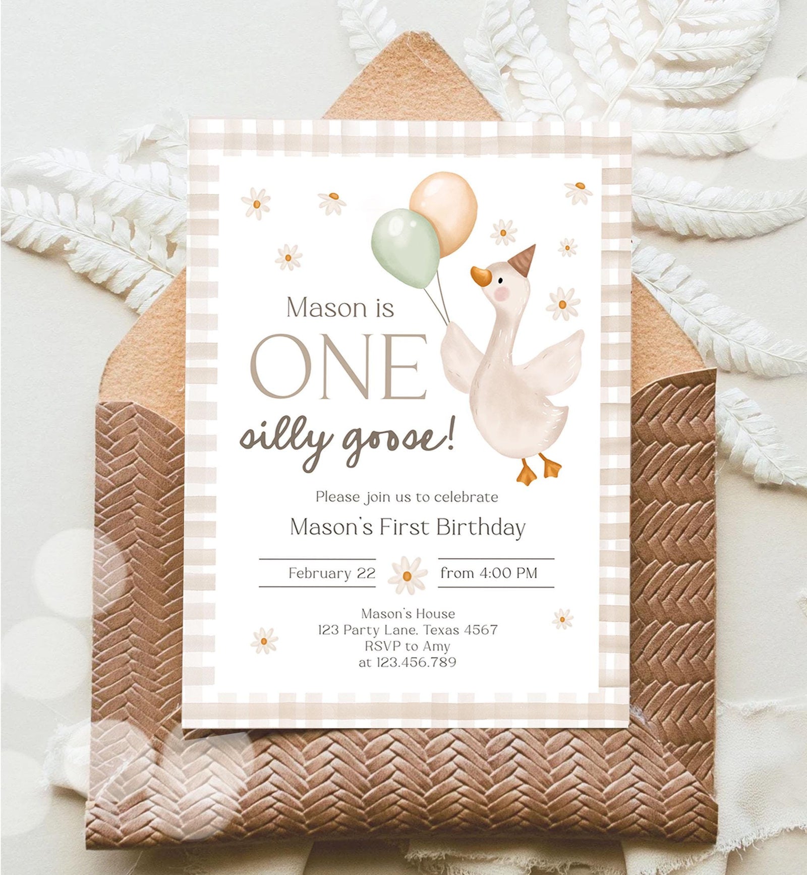 Editable Silly Goose Birthday Invitation Girl Boy Spring Birthday Party Farm Goose 1st Birthday Digital Download Template Printable 0540