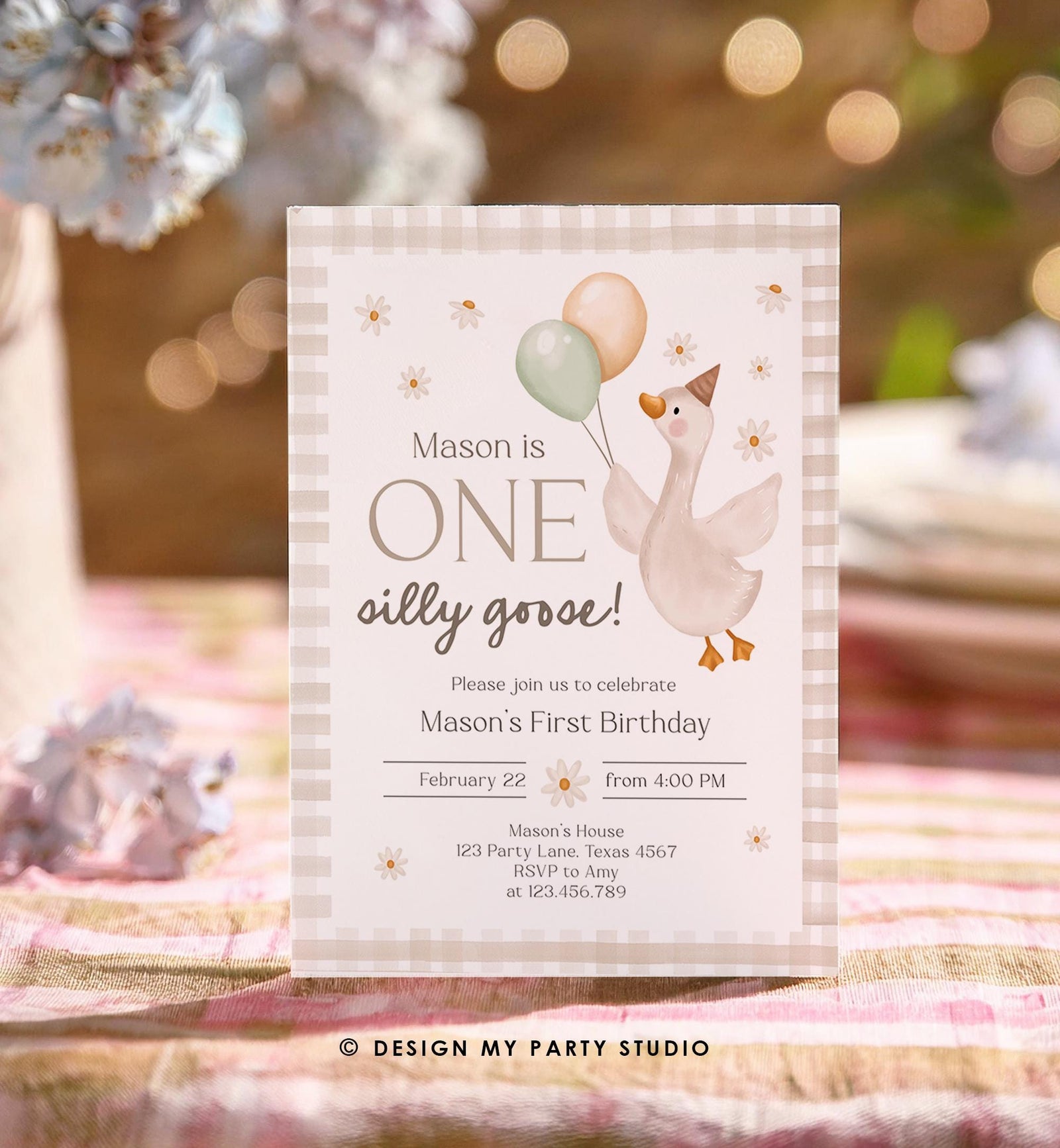 Editable Silly Goose Birthday Invitation Girl Boy Spring Birthday Party Farm Goose 1st Birthday Digital Download Template Printable 0540