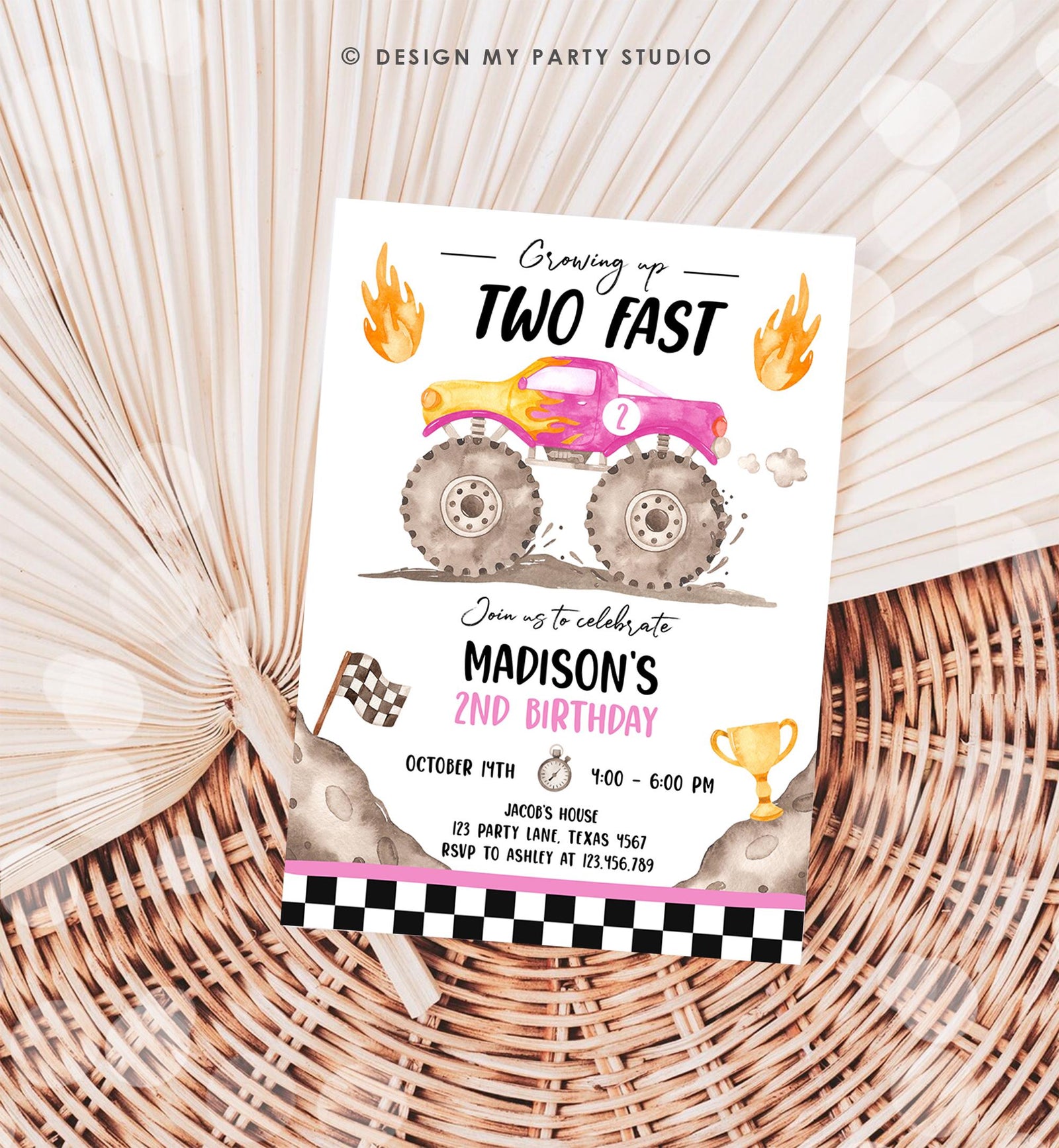 Editable Monster Truck Birthday Invitation Growing Up Two Fast Bash Pink Second Birthday 2nd Girl Digital Download Template Printable 0541